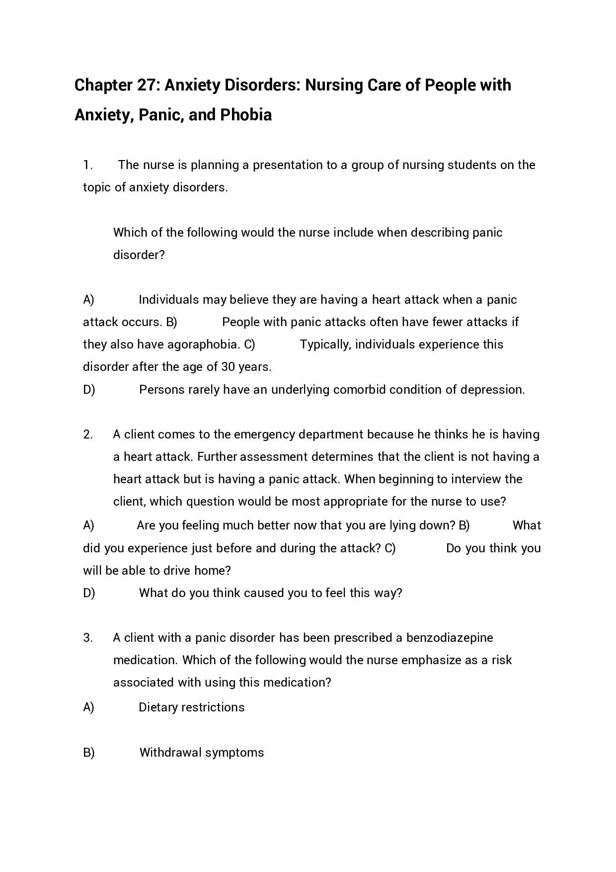 Chapter 27 Anxiety Disorders, Nursing Care of People with Anxiety, Panic, and Phobia Exam Questions and Answers