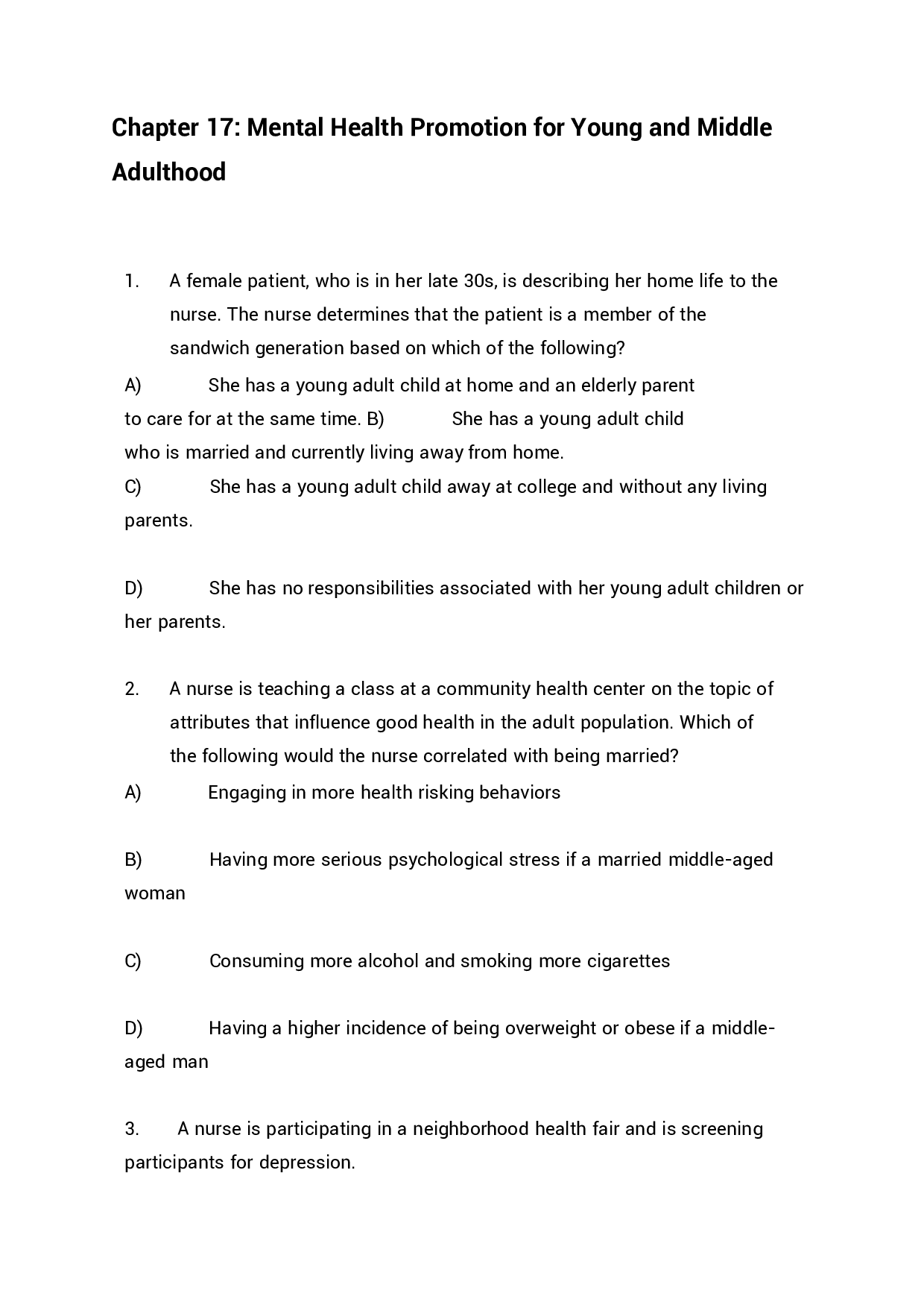 Chapter 17 Mental Health Promotion for Young and Middle Adulthood Exam Questions and Answers