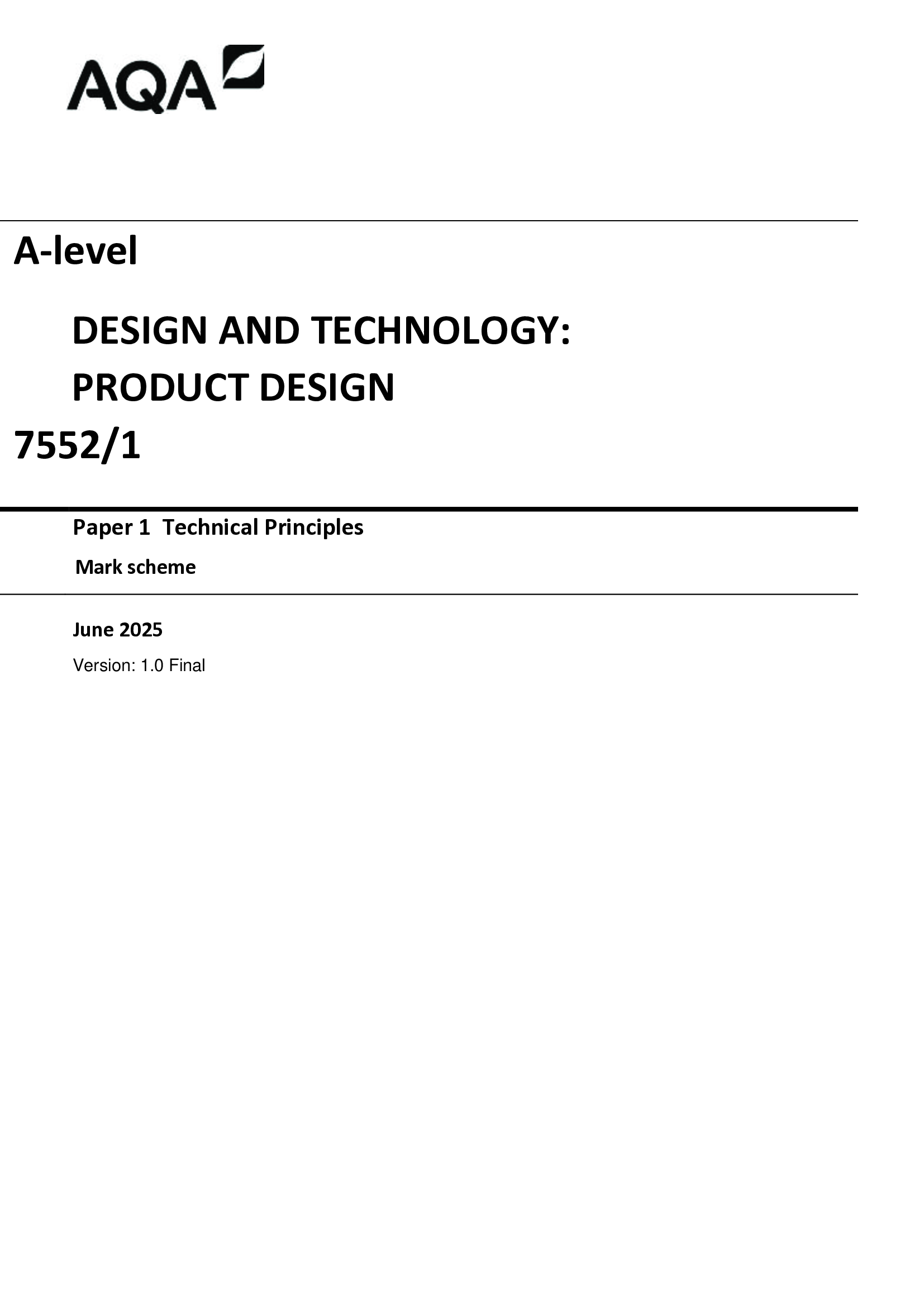 Actual 2026 AQA A-level Design and Technology: Product Design 7552/1 Paper 1 Merged Question Paper + Mark Scheme + Insert