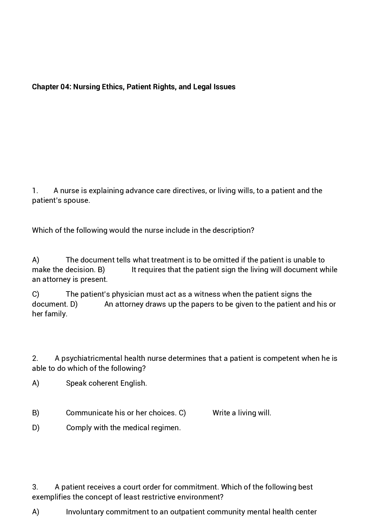 Chapter 04 Nursing Ethics, Patient Rights, and Legal Issues Exam Questions and Answers