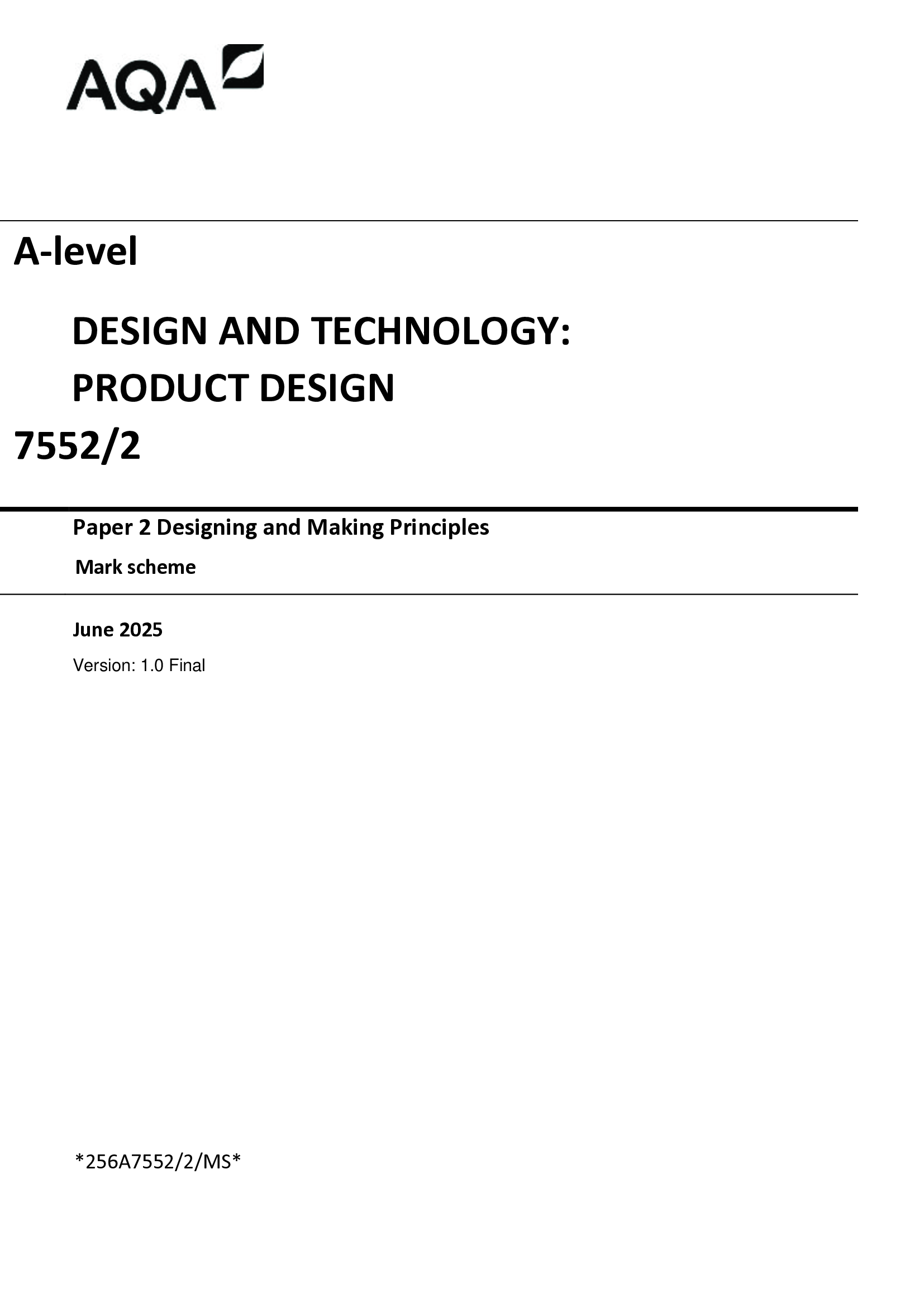 2026 AQA A-level Design and Technology, Product Design (7552/2) Paper 2 – Complete Question Paper, Mark Scheme & Insert
