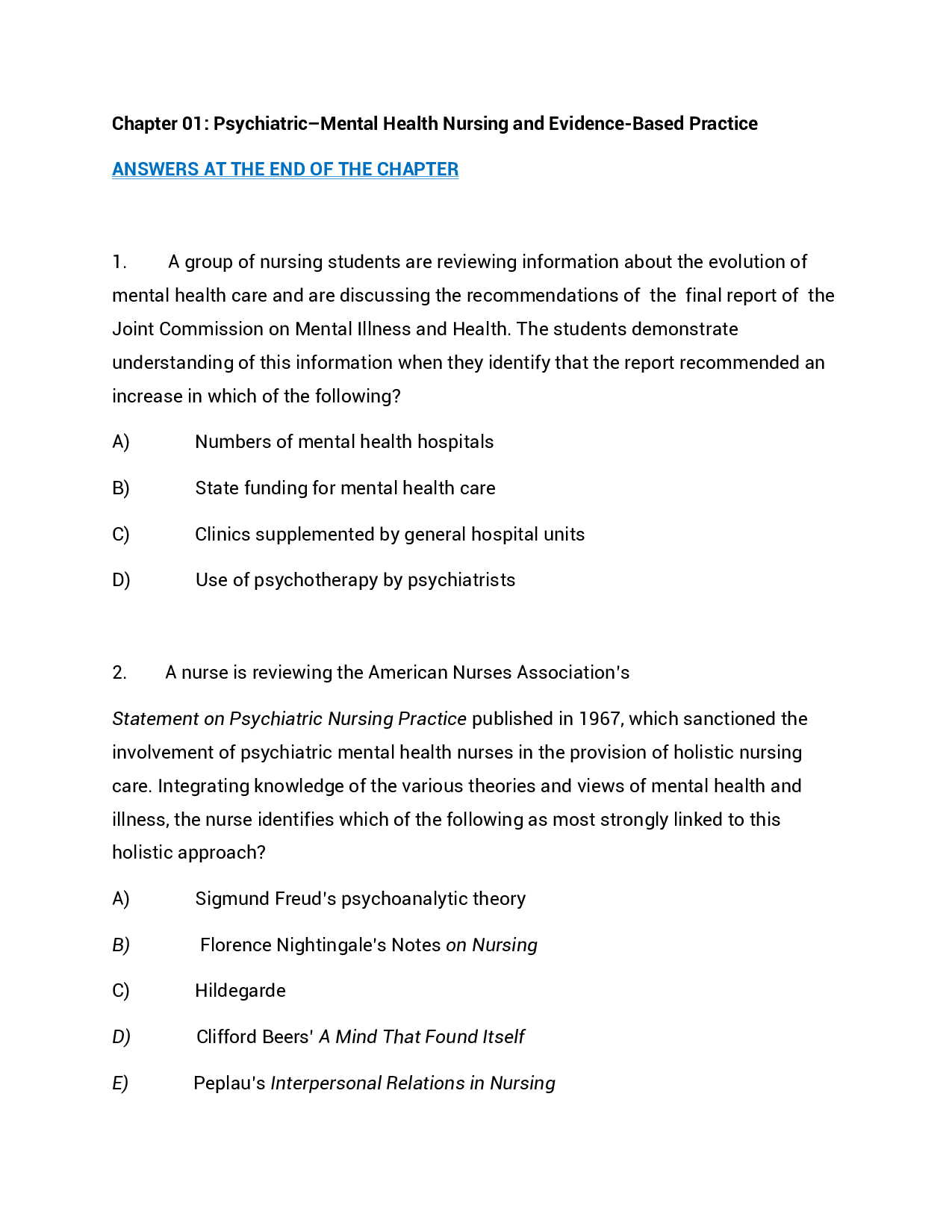 Chapter 01 Psychiatric–Mental Health Nursing and Evidence-Based Practice Exam Questions and Answers