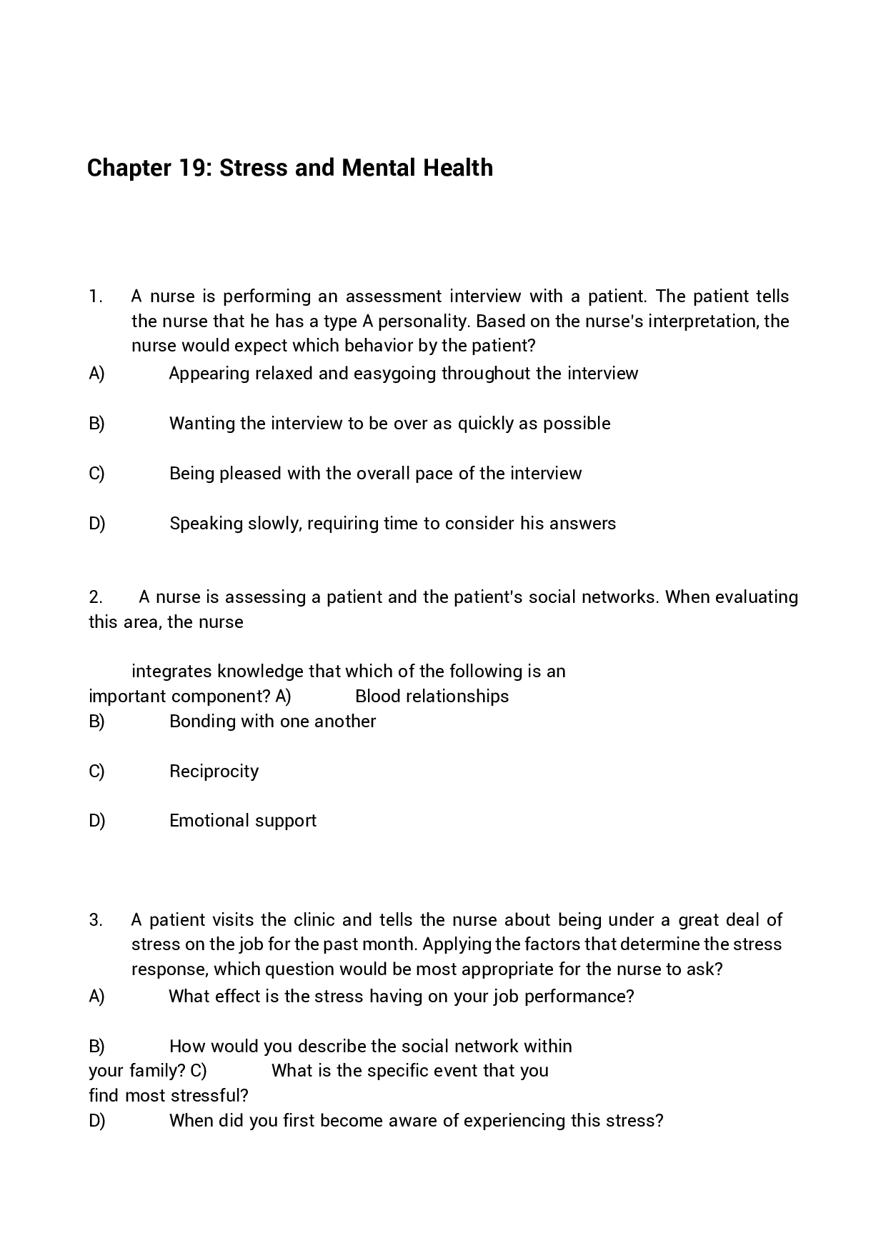 Chapter 19 Stress and Mental Health Exam Questions and Answers