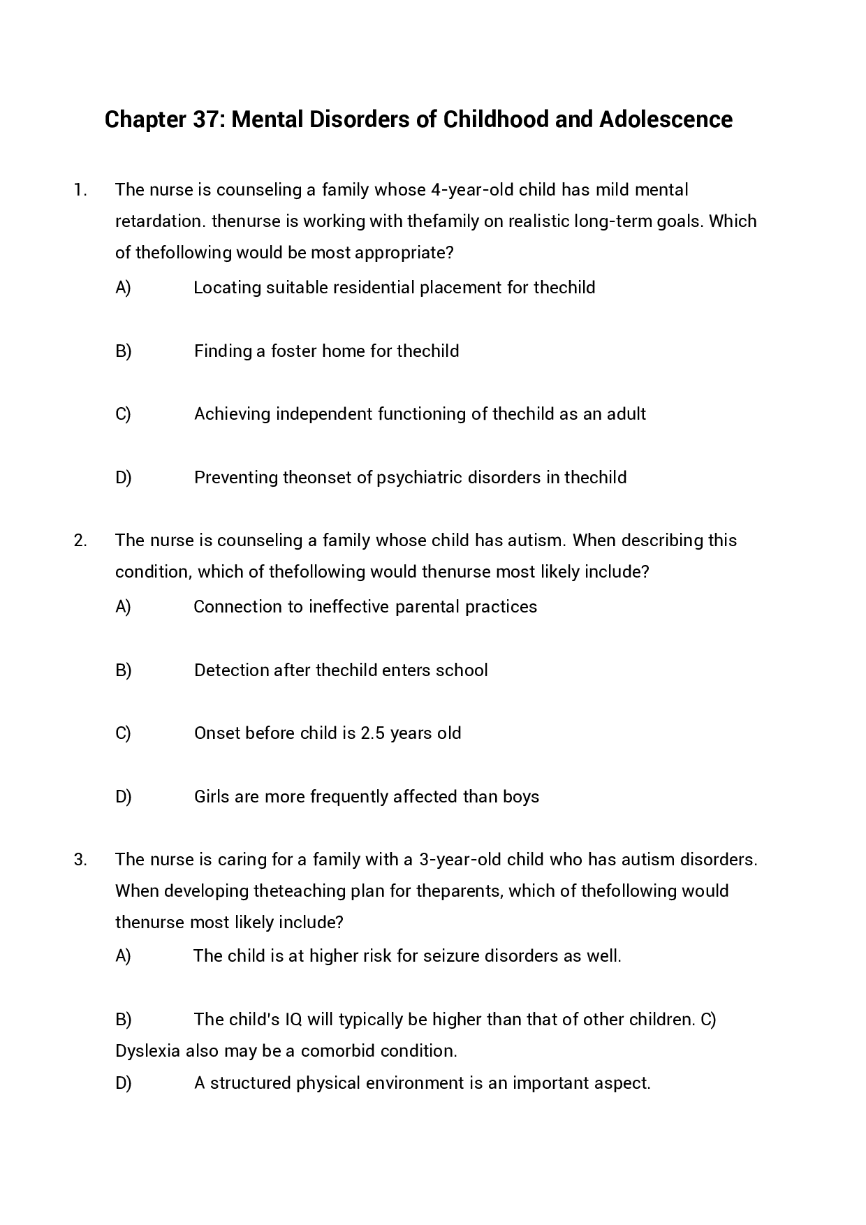 Chapter 37 Mental Disorders of Childhood and Adolescence Exam Questions and Answers