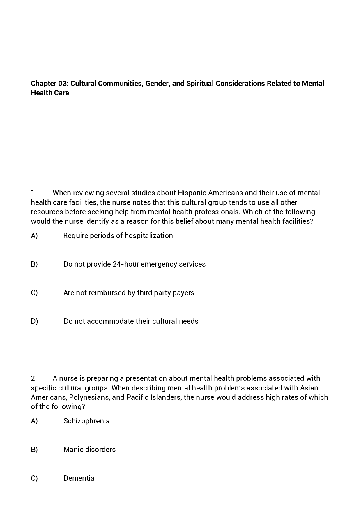 Chapter 03 Cultural Communities, Gender, and Spiritual Considerations Related to Mental Health Care Exam Questions and Answers