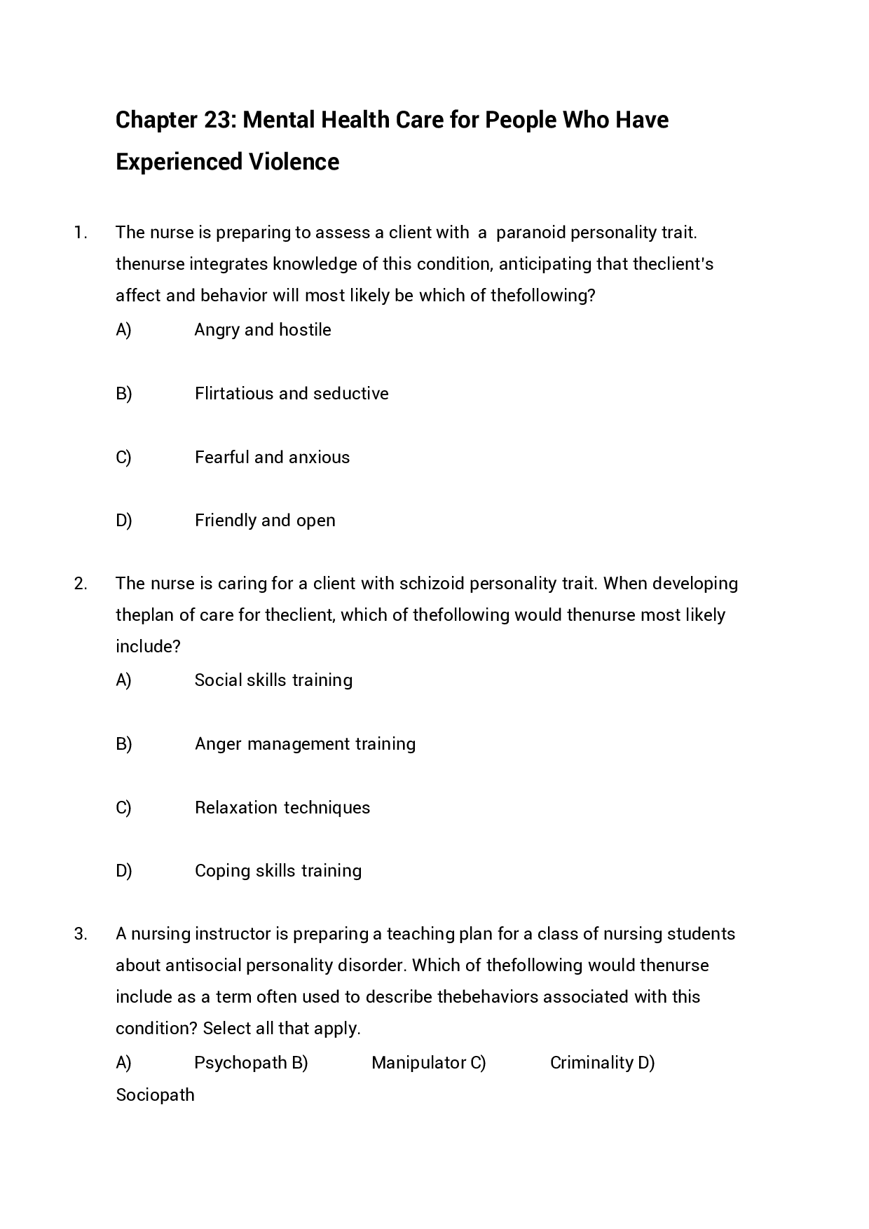Chapter 23 Mental Health Care for People Who Have Experienced Violence Exam Questions and Answers