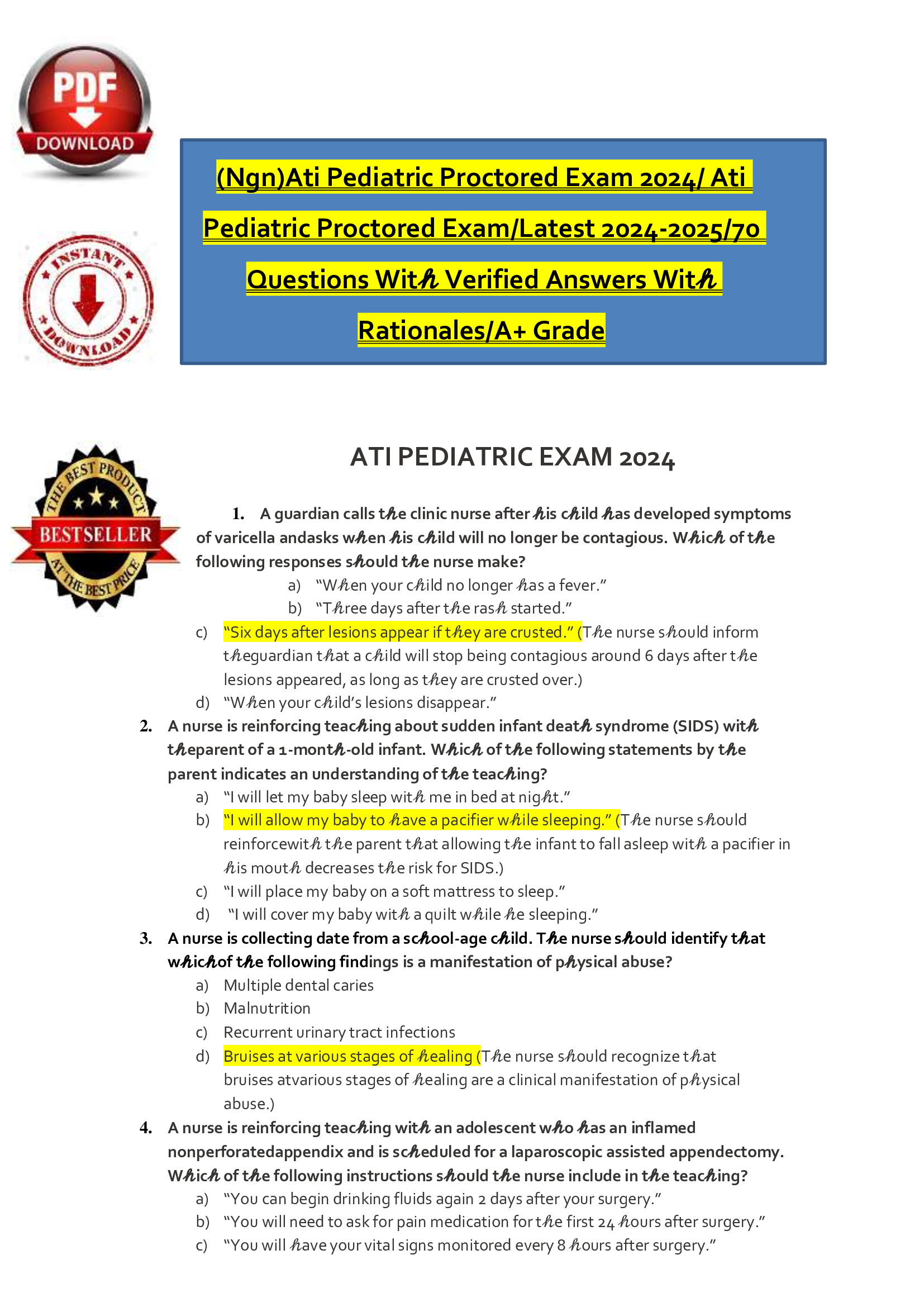 NGN ATI Pediatric Proctored Exam 2026 – 70 Questions with Verified Answers & Rationales, A+ Grade