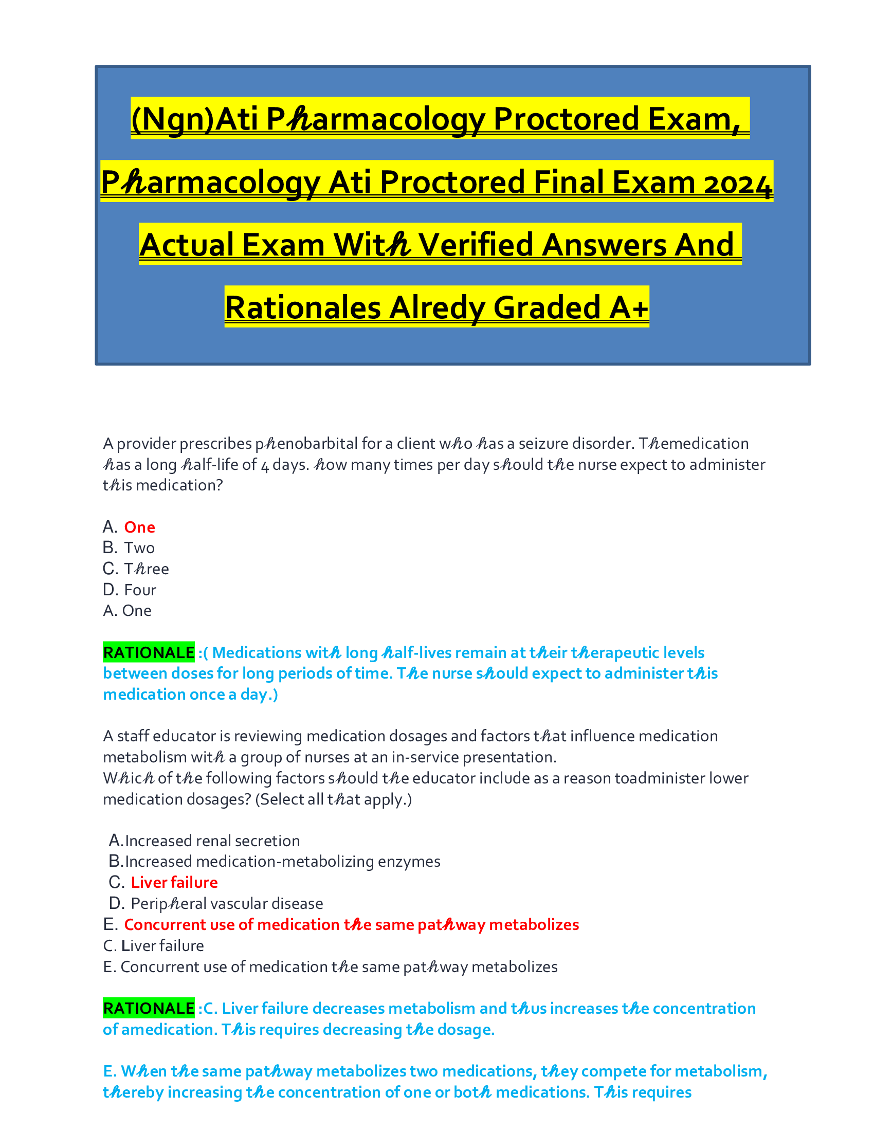 (NGN) ATI Pharmacology Proctored Exam – Pharmacology ATI Proctored Final Exam 2026, Actual Exam with Verified Answers and Rationales, Already Graded A+
