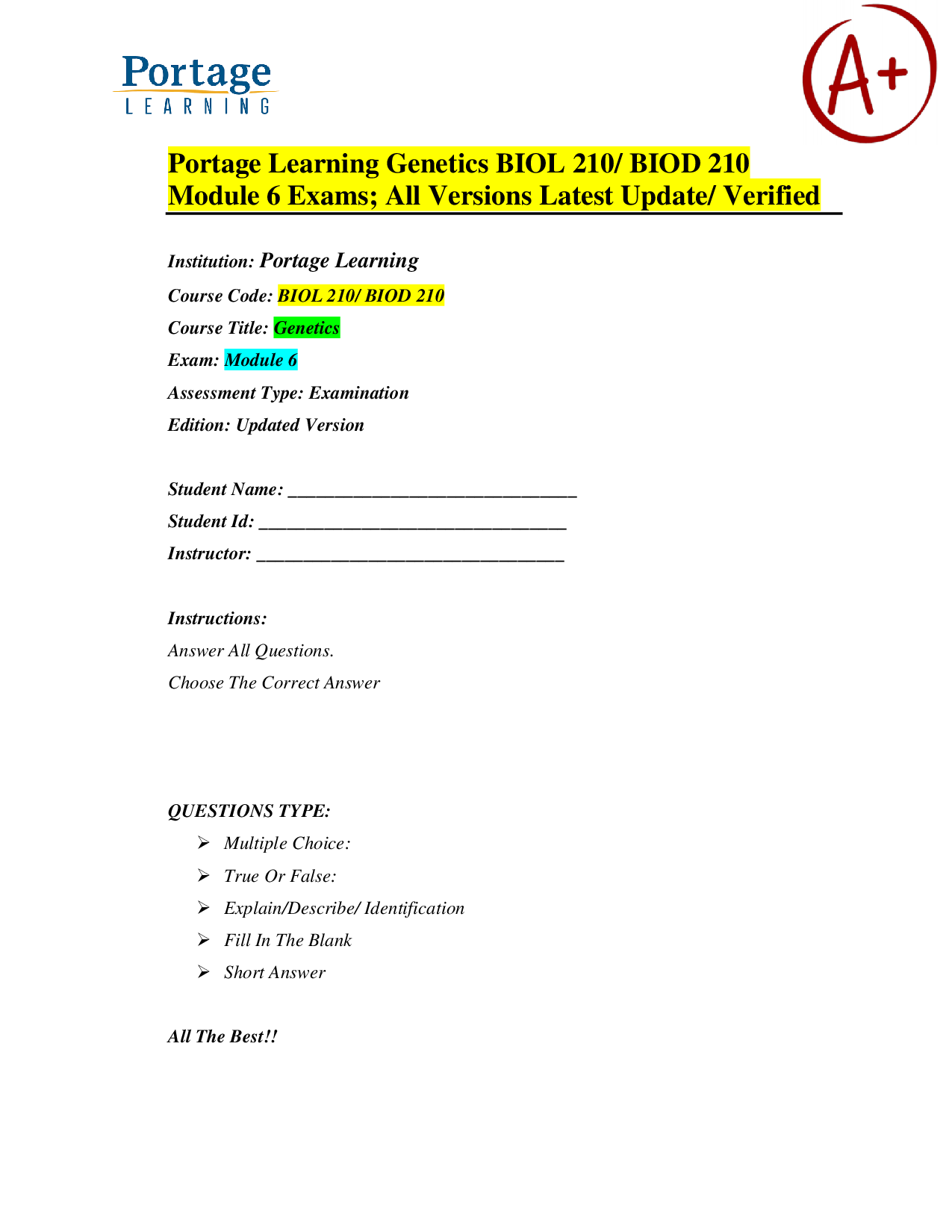Portage Learning Genetics BIOL 210 / BIOD 210 – Module 6 Exams (All Versions, Latest Update, Verified Answers) Practice Questions with Solutions