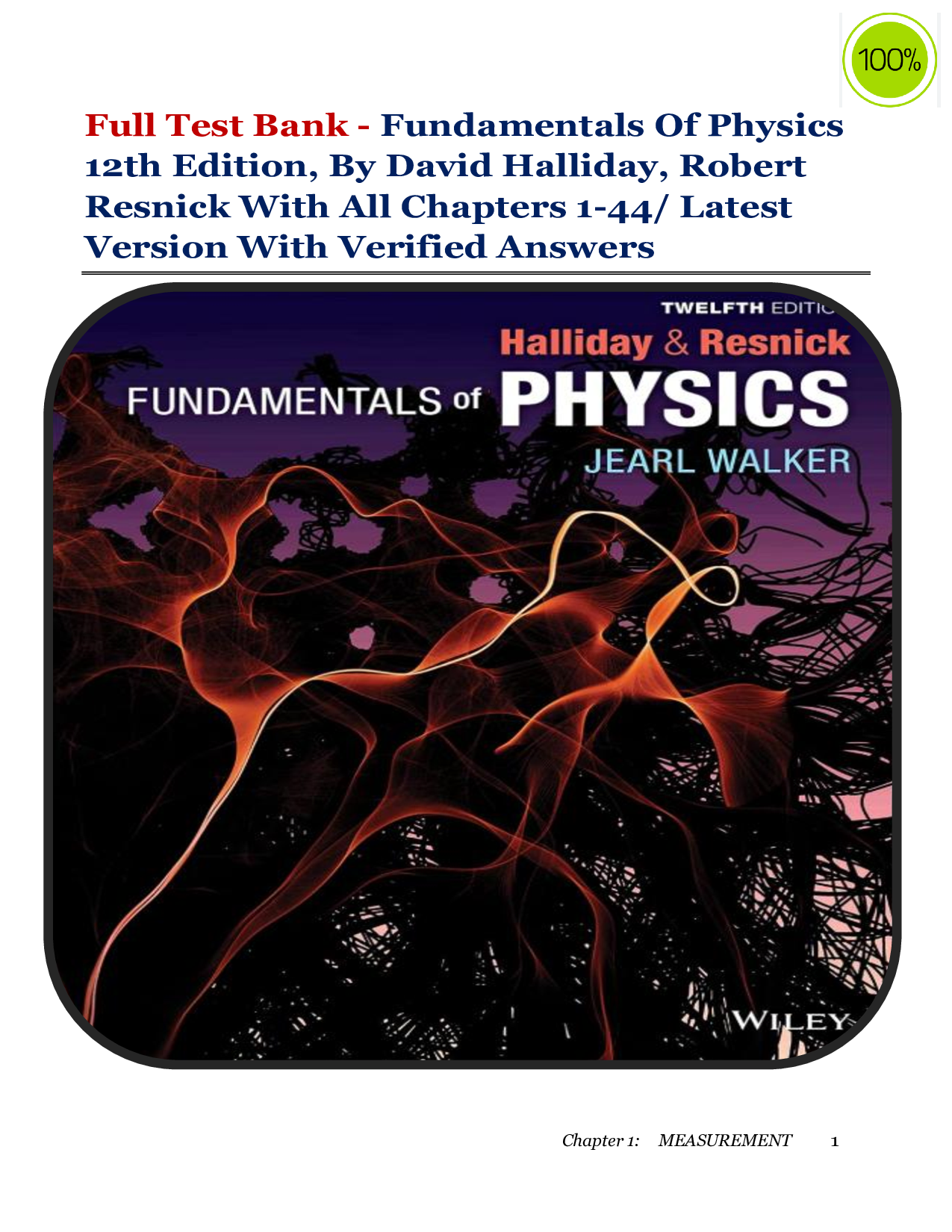 Fundamentals of Physics, Extended 12th Edition by David Halliday, Robert Resnick & Jearl Walker – Complete Test Bank with Verified Answers for Chapters 1–44