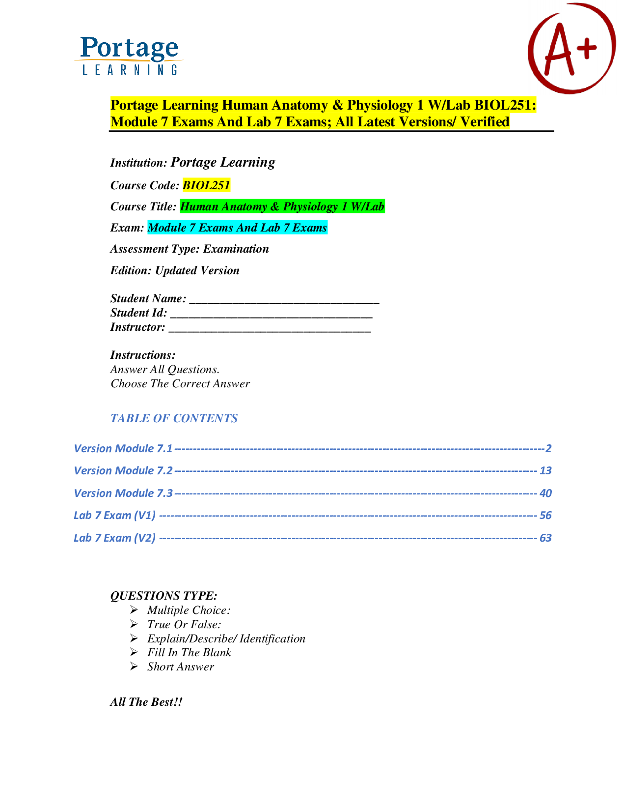 Human Anatomy & Physiology I (BIOL251) – Portage Learning – Module 7 Exams and Lab 7 Exams – Verified Exam Material and Practice Questions