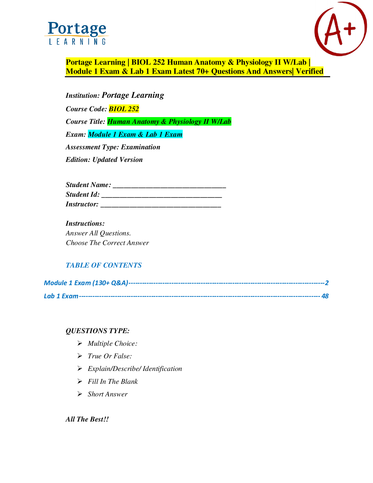 Portage Learning BIOL 252 Human Anatomy & Physiology II With Lab | Module 1 Exam & Lab 1 Exam | 70+ Questions and Answers | Latest Version | Verified and Complete