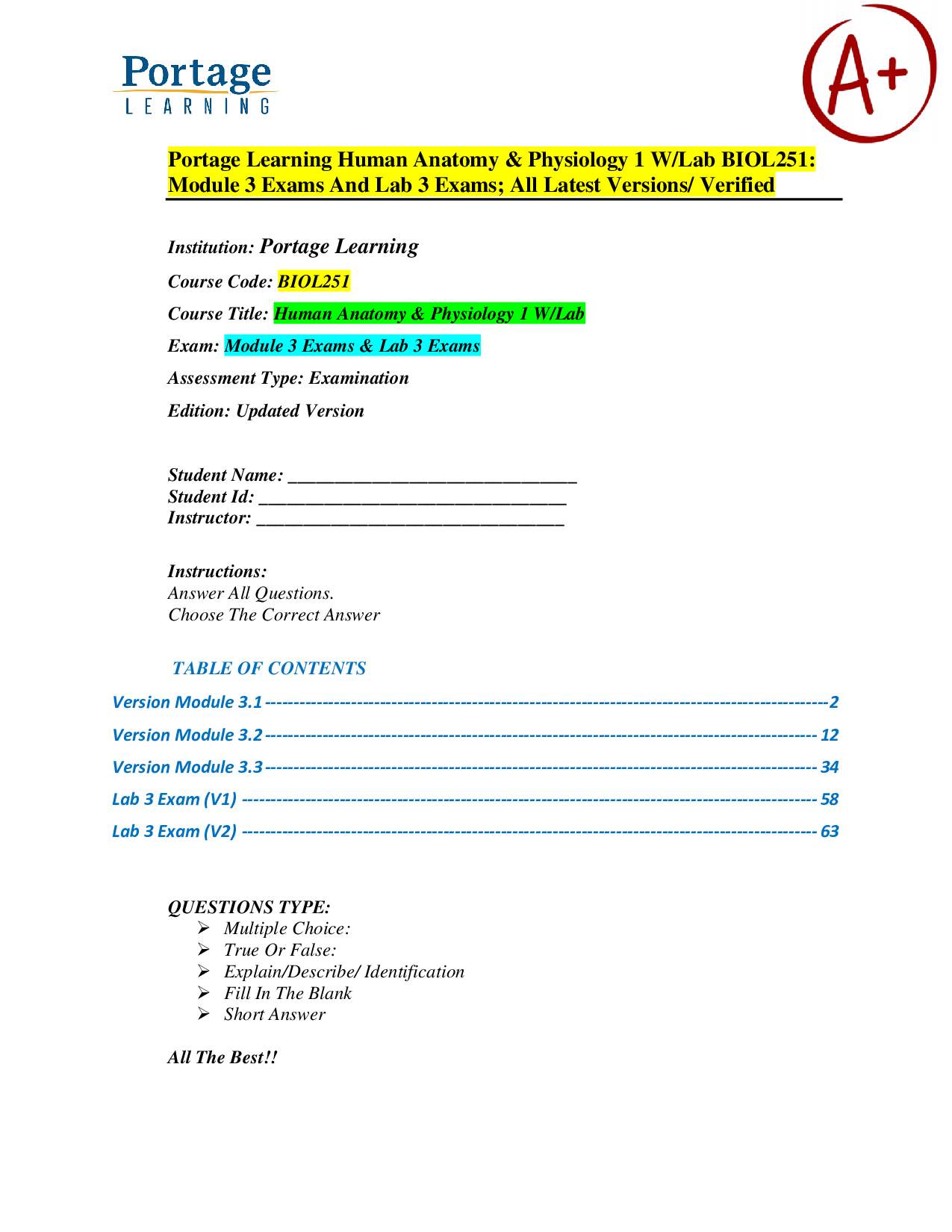 Human Anatomy & Physiology I (BIOL251) – Portage Learning – Module 3 Exams and Lab 3 Exams – Verified Exam Material and Practice Questions
