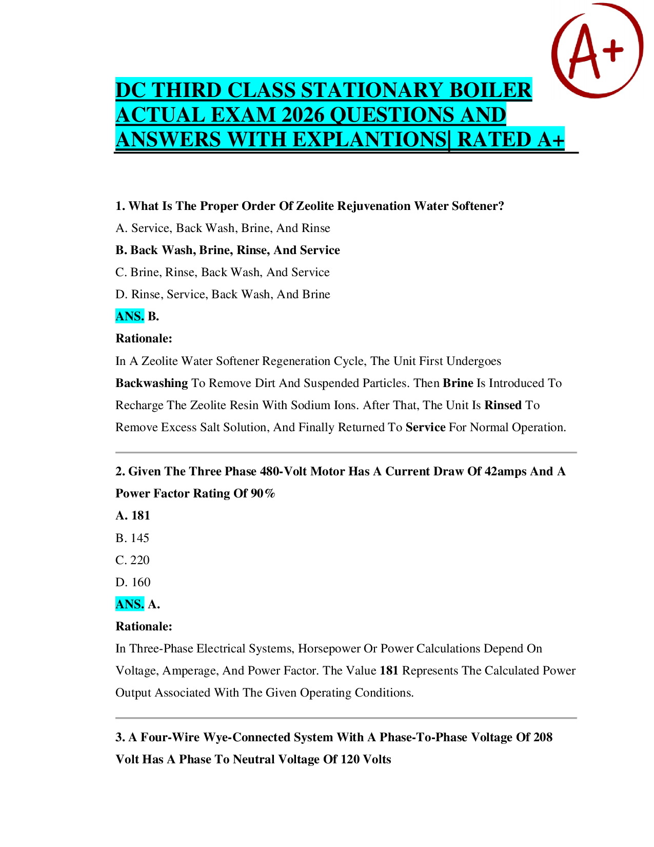 DC Third Class Stationary Boiler Actual Exam 2026 Questions and Answers with Explanations | Rated A+ Complete Exam Preparation Material