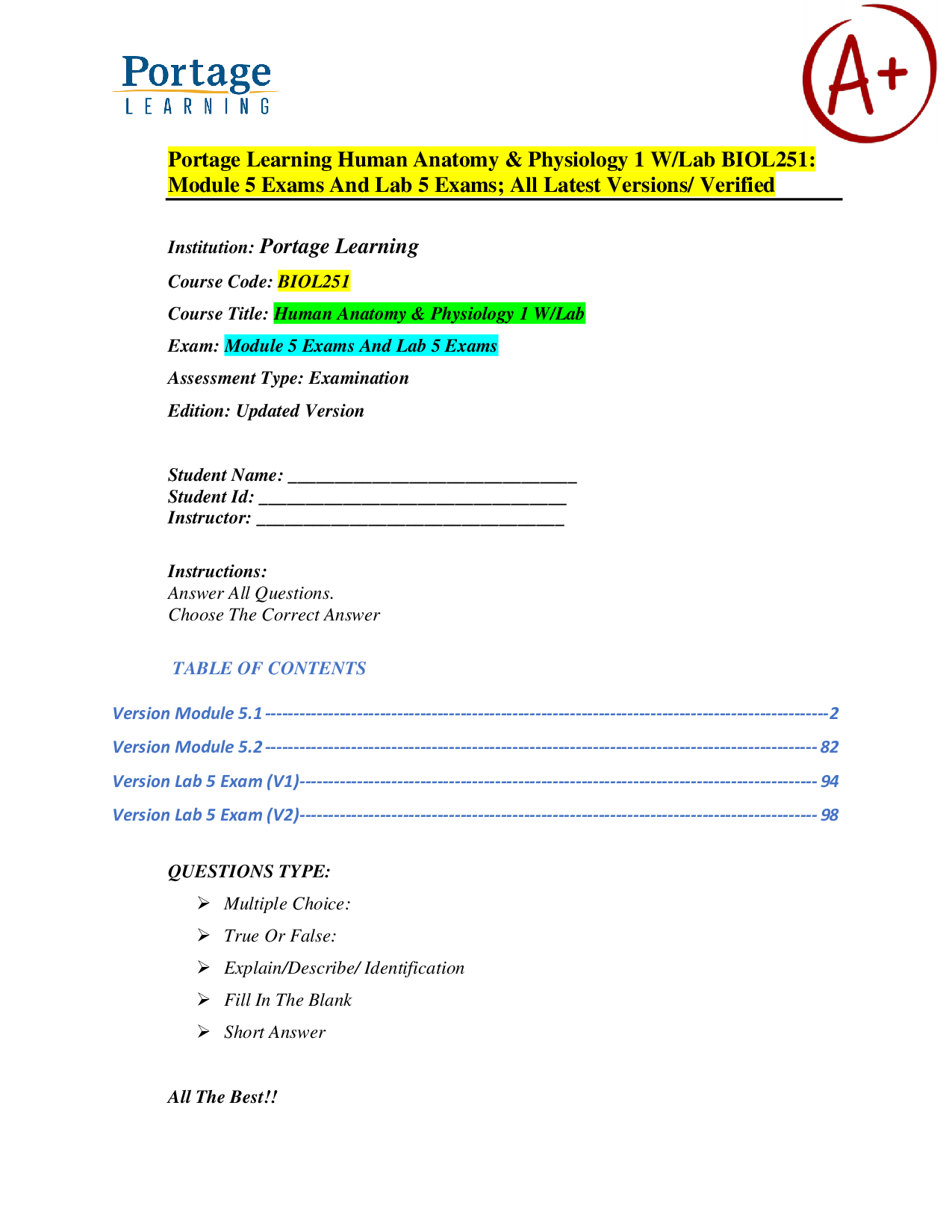 Human Anatomy & Physiology I (BIOL251) – Portage Learning – Module 5 Exams and Lab 5 Exams – Verified Exam Material and Practice Questions