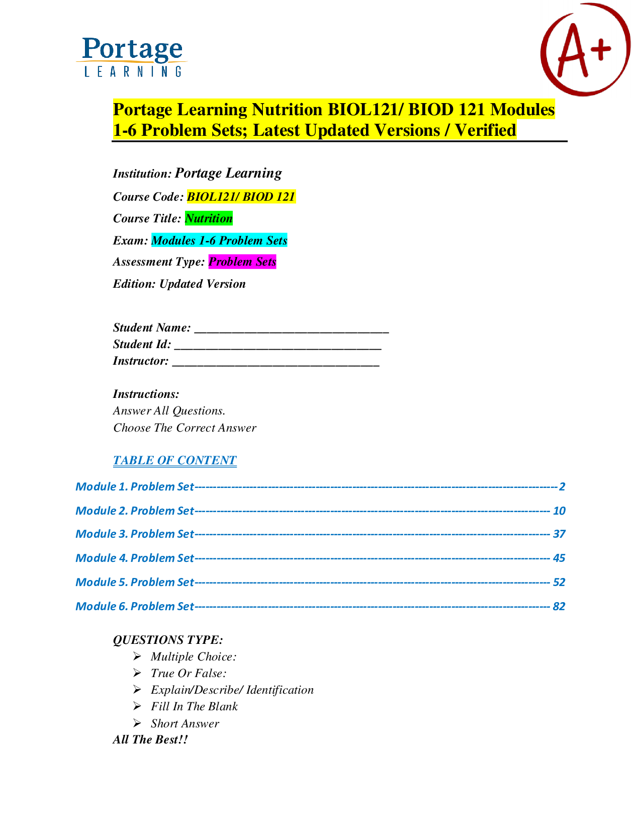 Portage Learning Nutrition BIOL121 / BIOD 121 Portage Learning 2025 Complete Problem Sets Modules 1–6 with Verified Answers