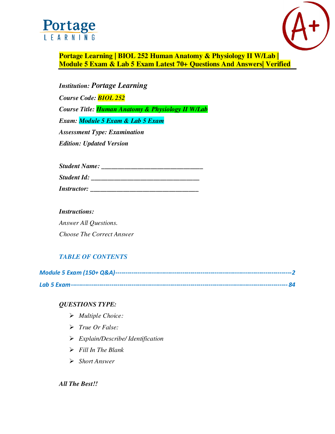Portage Learning BIOL 252 Human Anatomy & Physiology II With Lab | Module 5 Exam & Lab 5 Exam | 70+ Questions and Answers | Latest Version | Verified and Complete