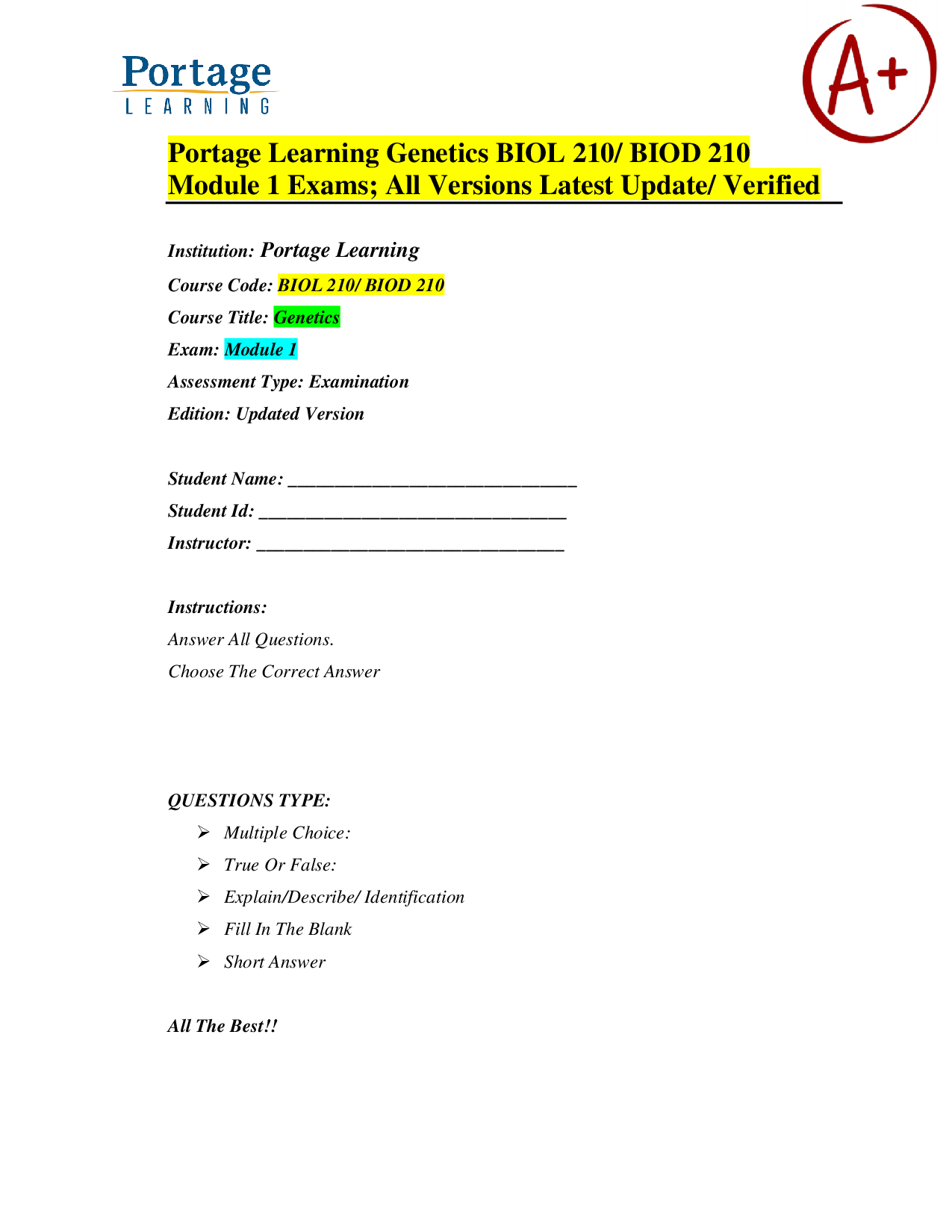 Portage Learning Genetics BIOL 210 / BIOD 210 – Module 1 Exams