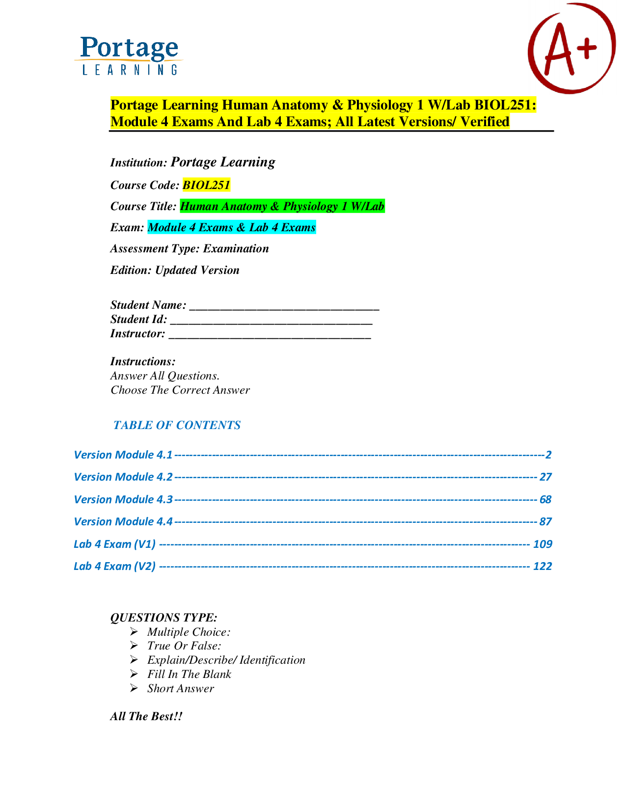 Human Anatomy & Physiology I (BIOL251) – Portage Learning – Module 4 Exams and Lab 4 Exams – Verified Exam Material and Practice Questions