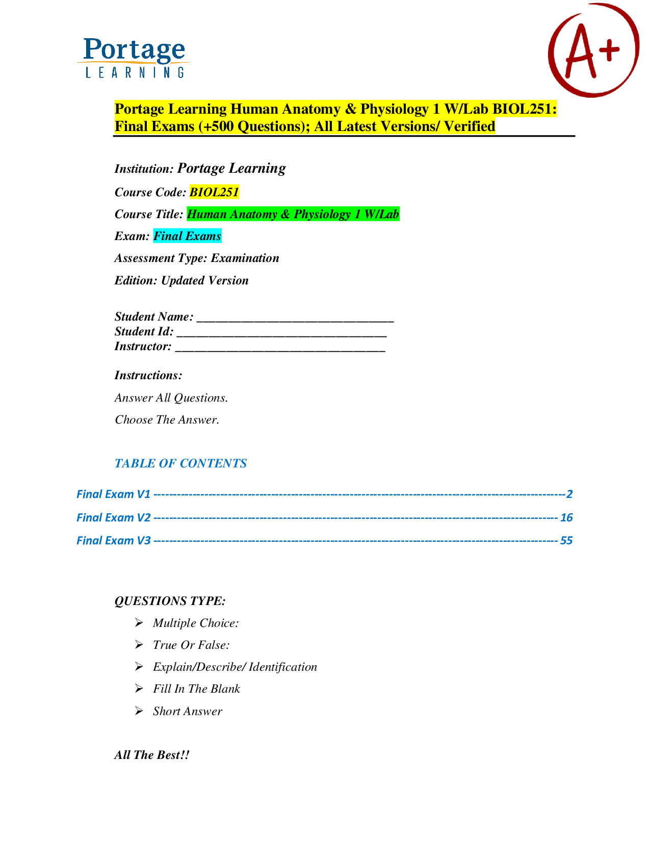 Human Anatomy & Physiology I (BIOL251) – Portage Learning – Final Exams (500+ Questions) – Verified Exam Material and Comprehensive Practice Questions