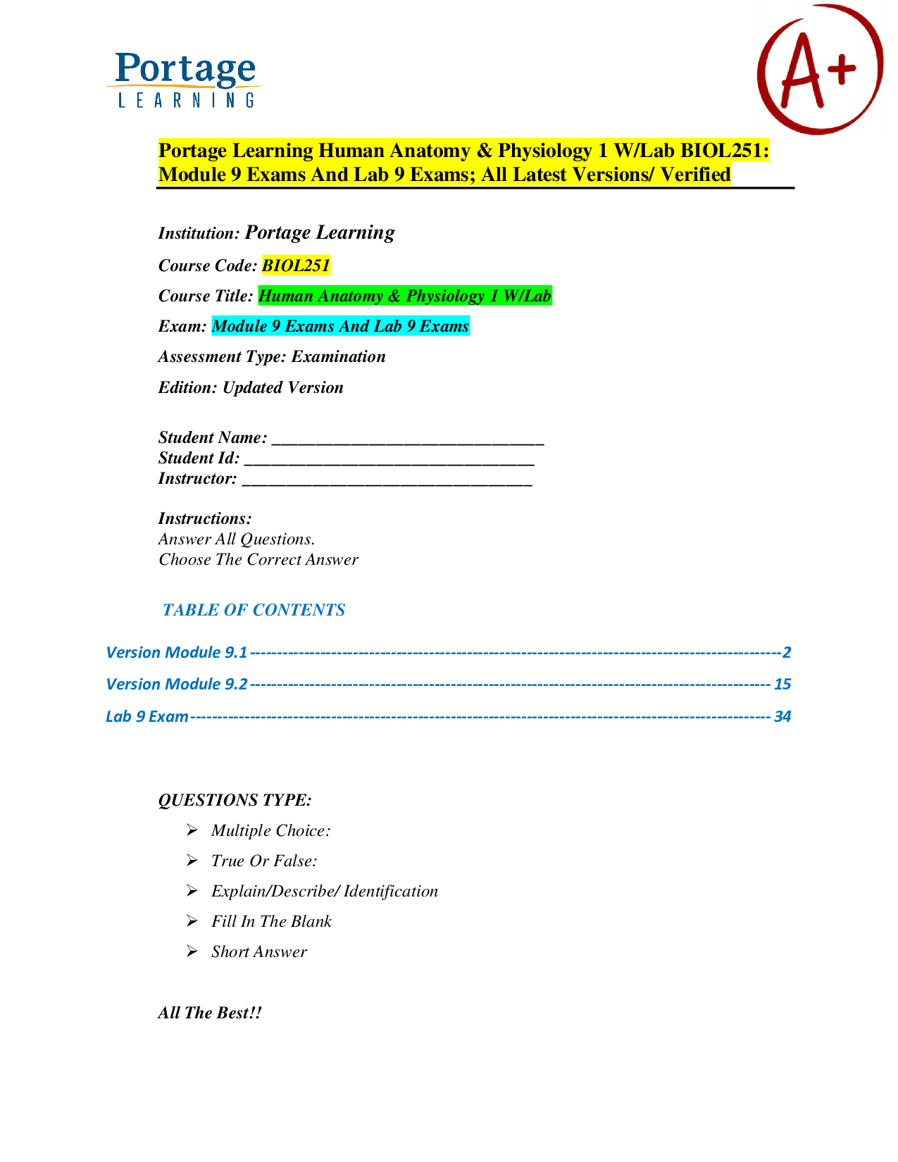 Human Anatomy & Physiology I (BIOL251) – Portage Learning – Module 9 Exams and Lab 9 Exams – Verified Exam Material and Practice Questions
