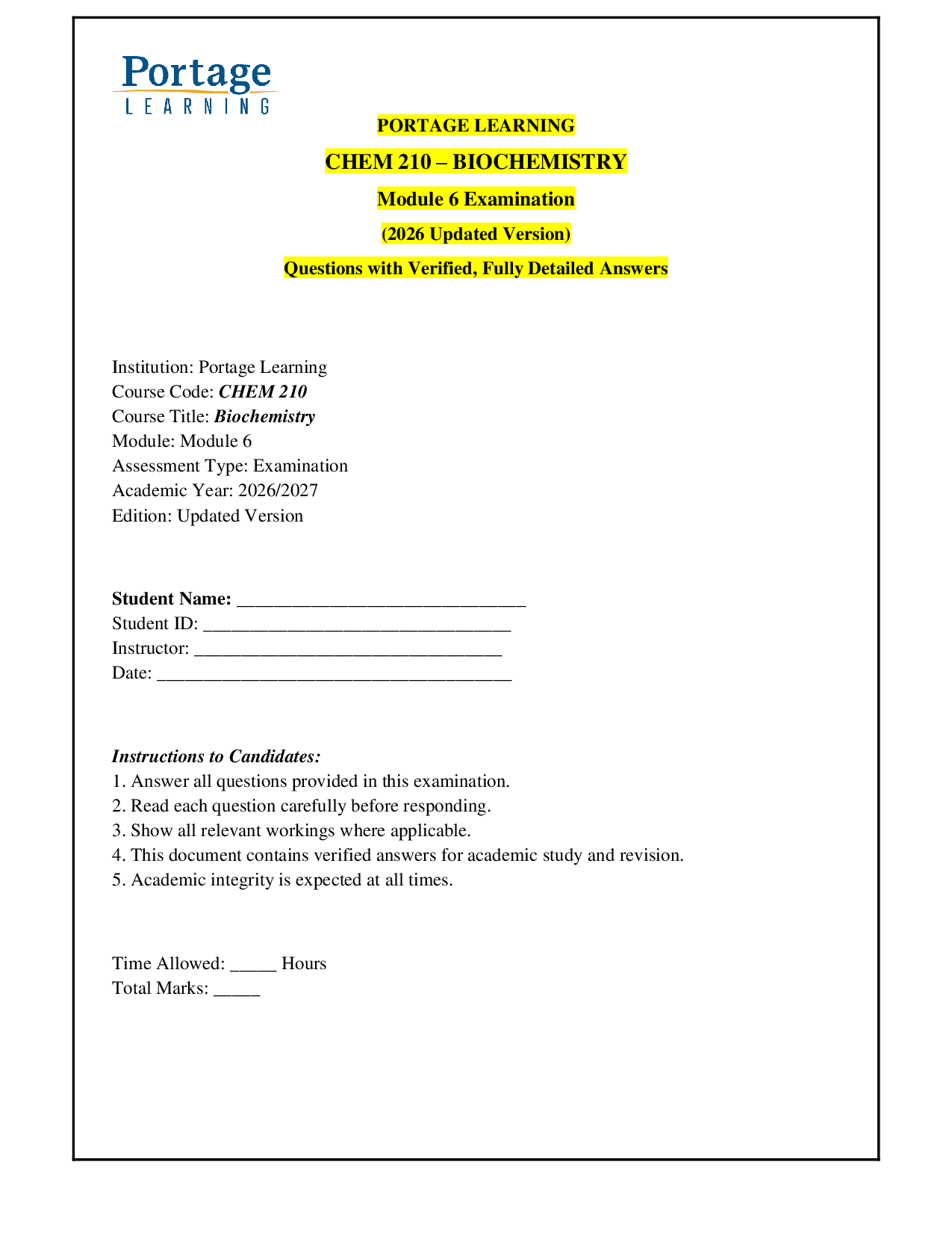 CHEM 210 Biochemistry Module 6 Exam Portage Learning; Questions With Verified All Detailed Answers