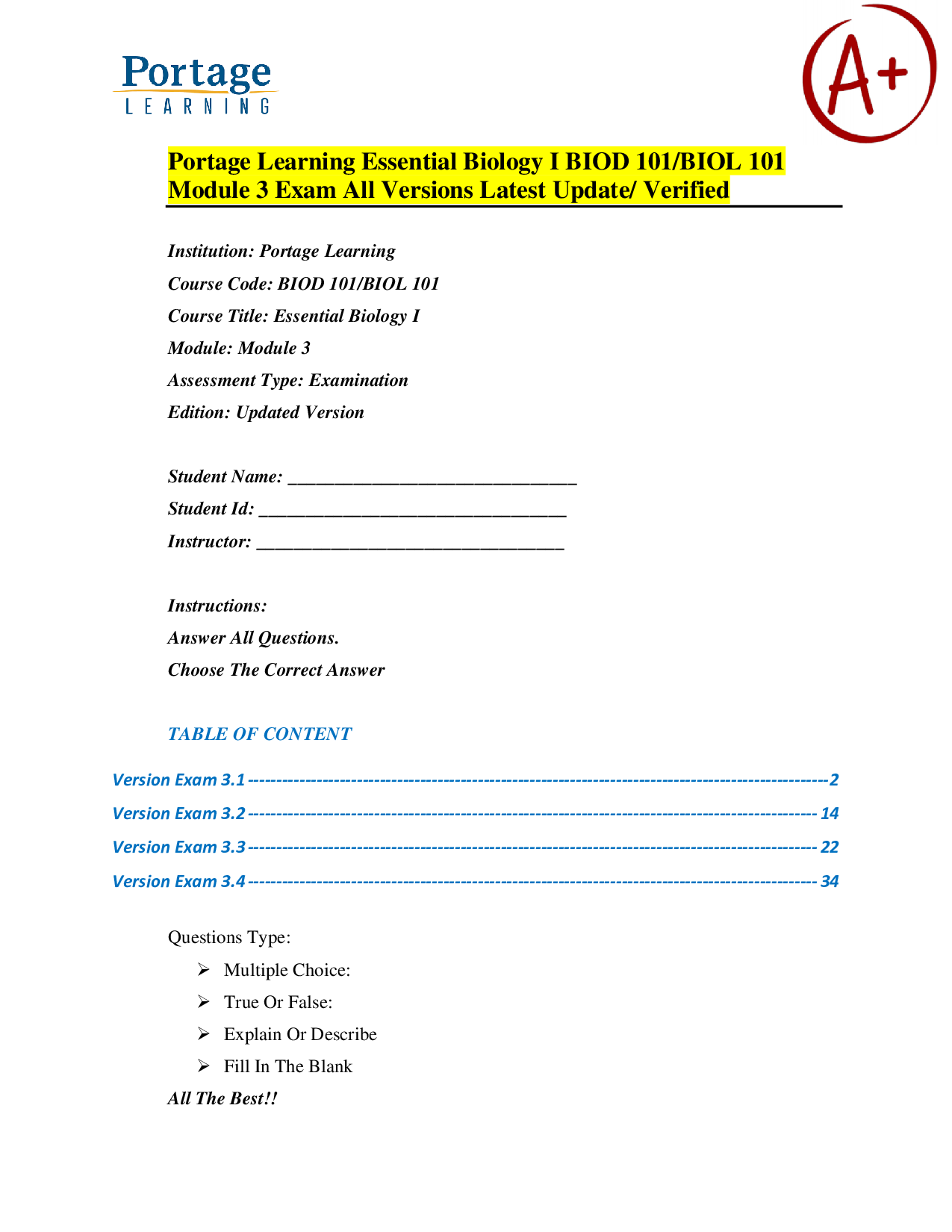 Portage Learning Essential Biology I BIOD 101/BIOL 101 Module 3 Exam All Versions Latest Update/ Verified