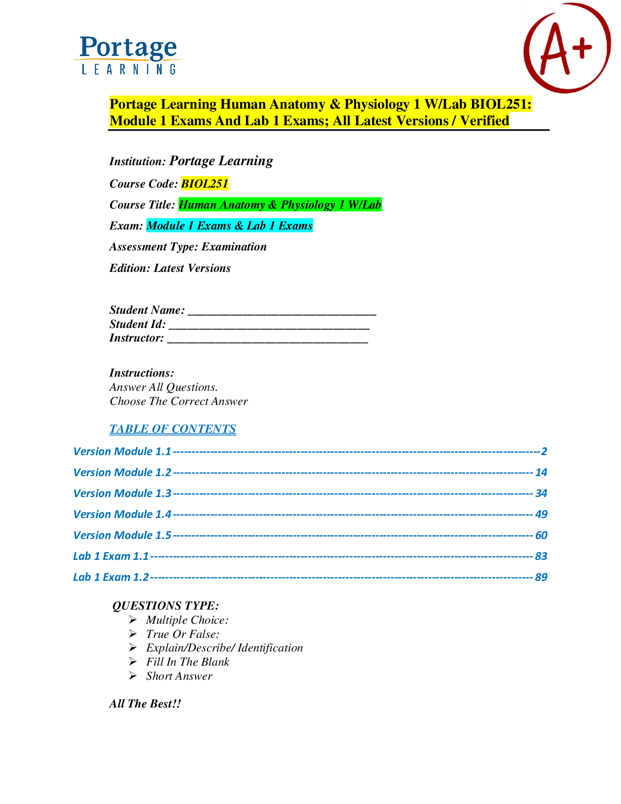 Human Anatomy & Physiology I (BIOL251) – Portage Learning – Module 1 Exams and Lab 1 Exams – Verified Exam Material and Practice Questions