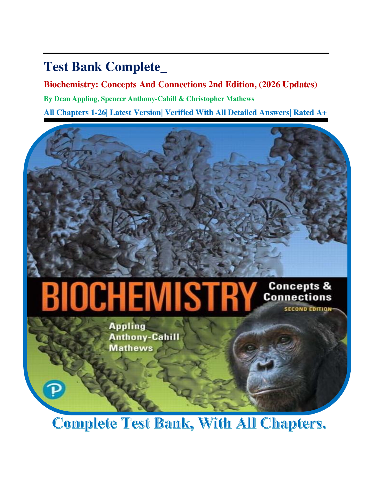 Test Bank For Biochemistry: Concepts And Connections 2nd Edition, (2026) By Dean Appling & 2 More| All Chapters 1-26| Latest Version| Verified With All Detailed Answers
