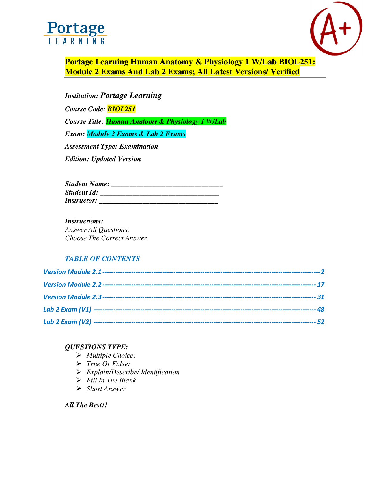 Human Anatomy & Physiology I (BIOL251) – Portage Learning – Module 2 Exams and Lab 2 Exams – Verified Exam Material and Practice Questions
