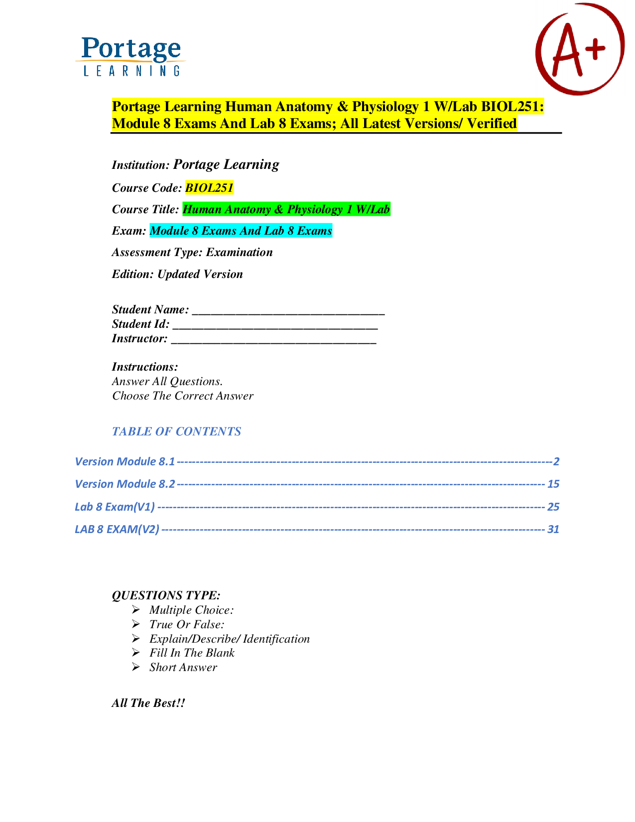 Human Anatomy & Physiology I (BIOL251) – Portage Learning – Module 8 Exams and Lab 8 Exams – Verified Exam Material and Practice Questions