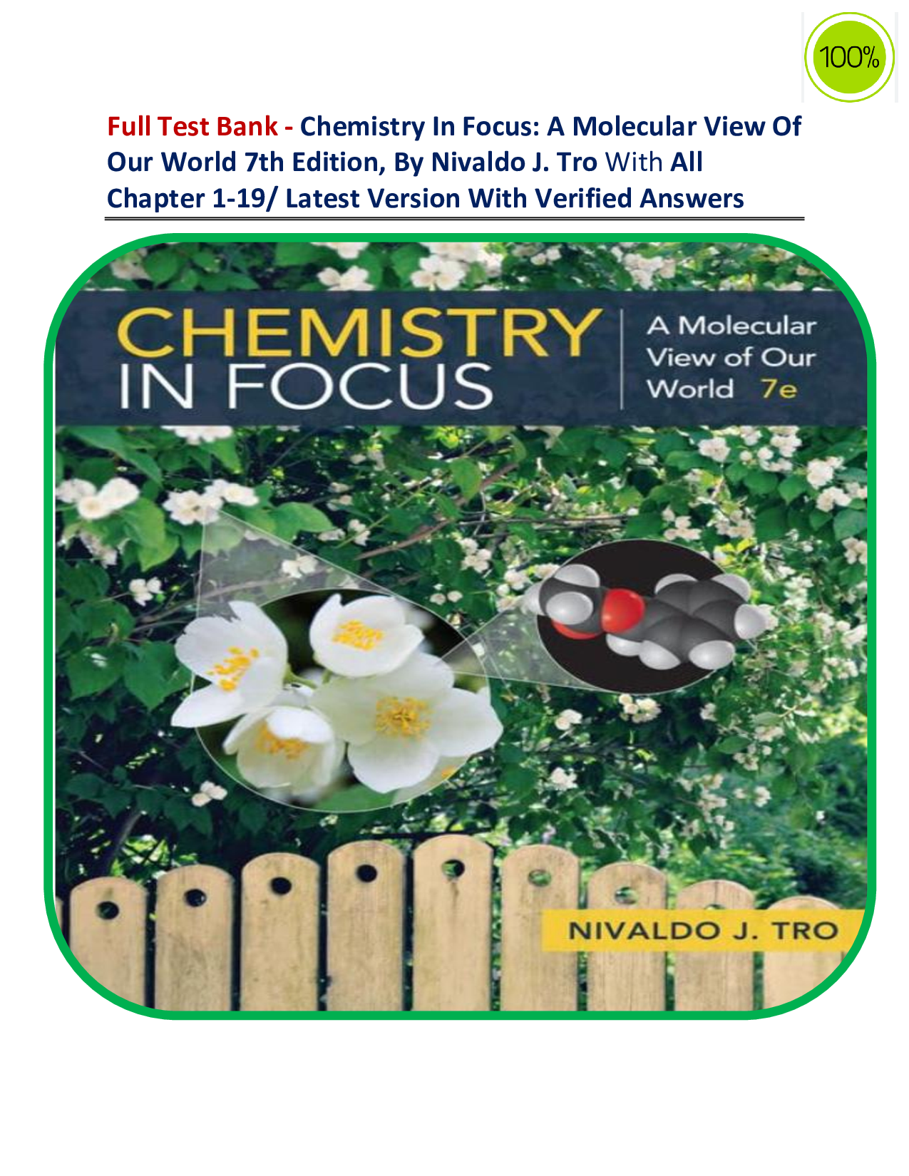 Chemistry in Focus: A Molecular View of Our World 7th Edition by Nivaldo J. Tro | Complete Test Bank with Verified Practice Questions & Answers | Chapters 1–19