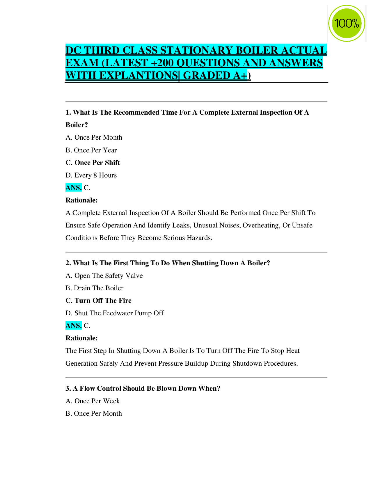 DC Third Class Stationary Boiler Actual Exam Latest 200+ Questions and Answers with Explanations | Graded A+ Comprehensive Exam