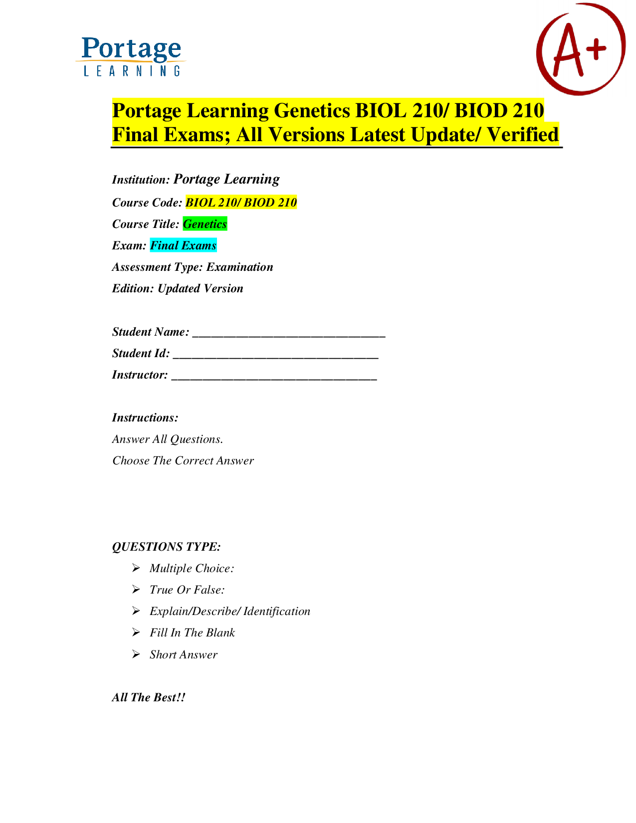 Portage Learning Genetics BIOL 210 / BIOD 210 – Final Exams (Latest Verified Versions, Practice Material)