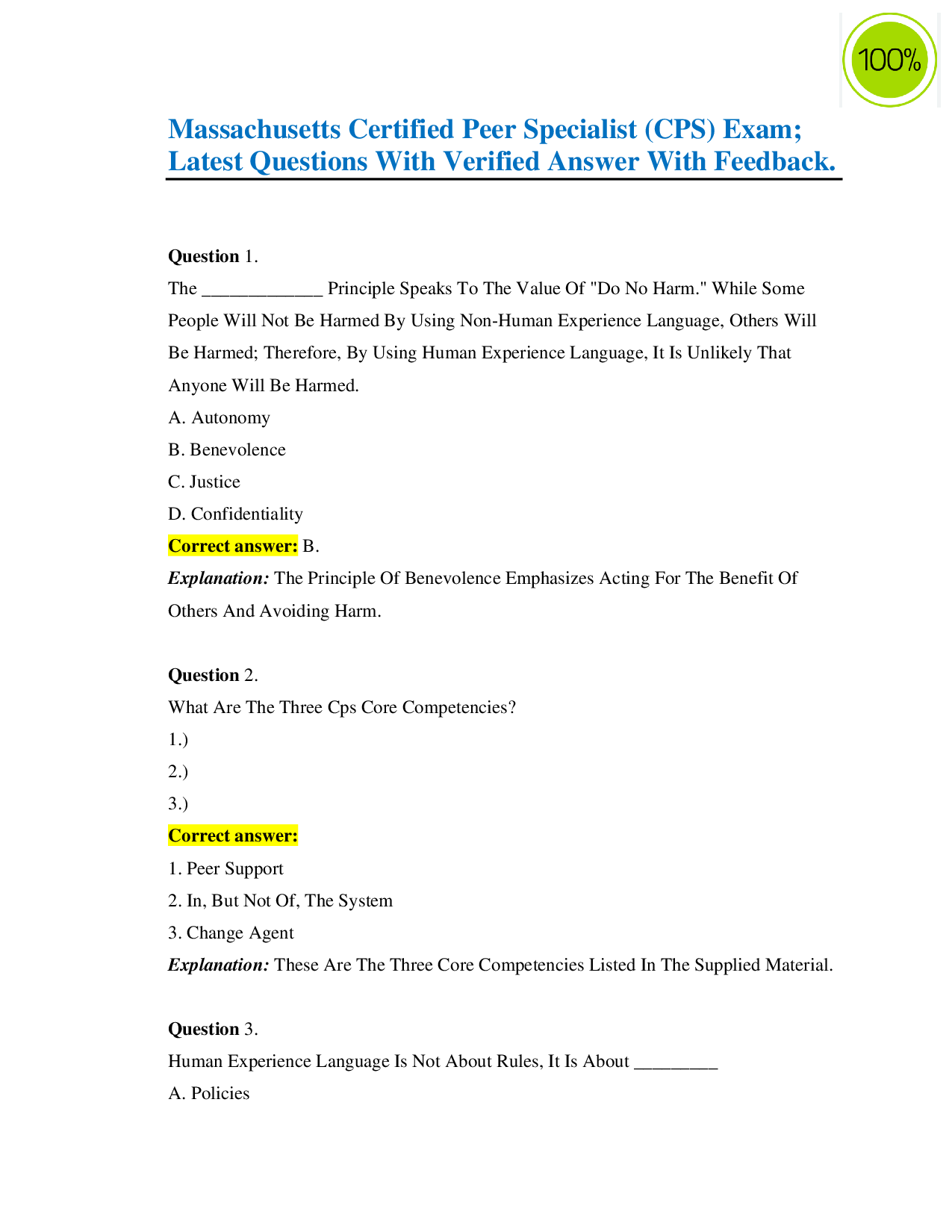 Massachusetts Certified Peer Specialist (CPS) Exam – Latest Practice ...