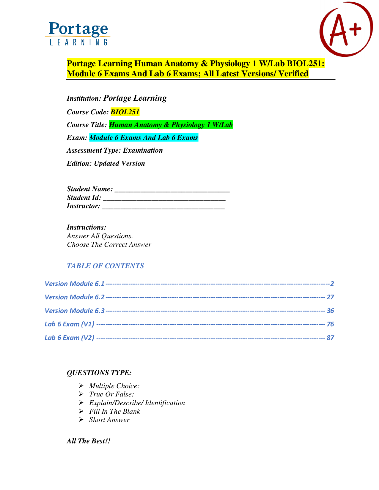 Human Anatomy & Physiology I (BIOL251) – Portage Learning – Module 6 Exams and Lab 6 Exams – Verified Exam Material and Practice Questions