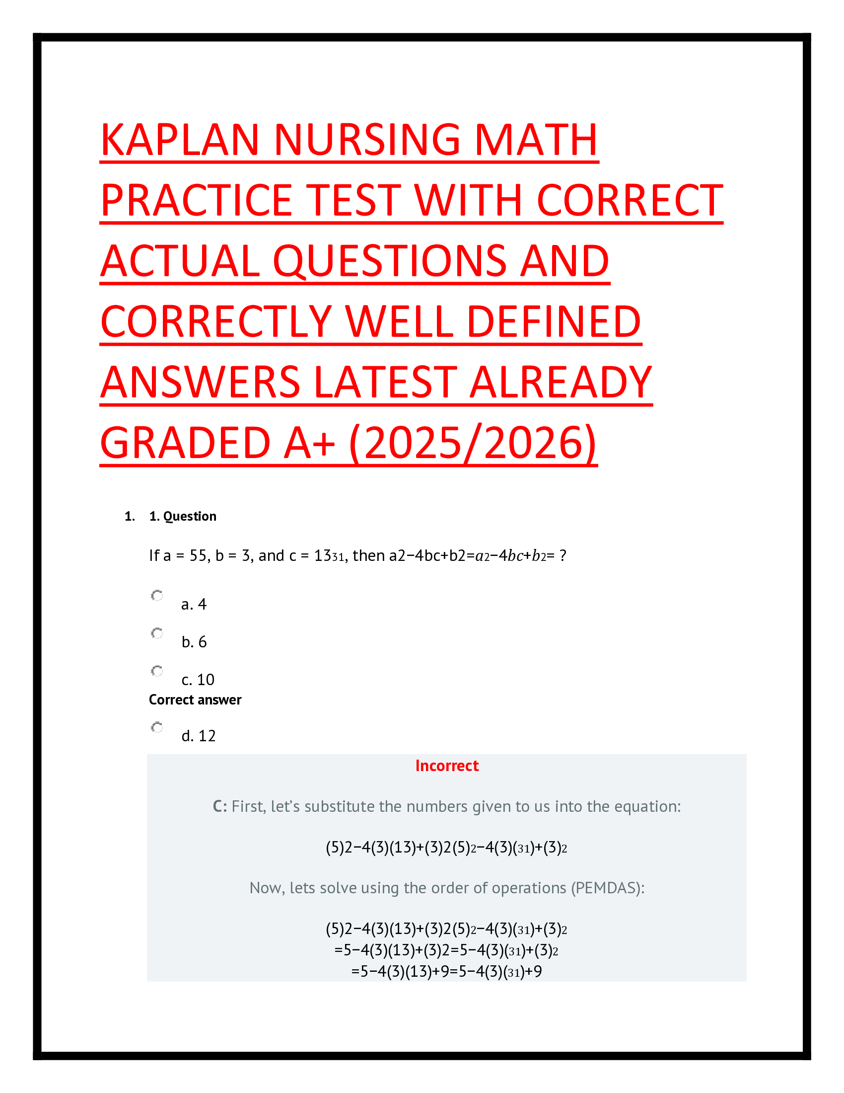 KAPLAN Nursing Math Practice Test With Correct Actual Questions And Correctly Well Defined Answers Latest Already Graded A+ (2025/2026)