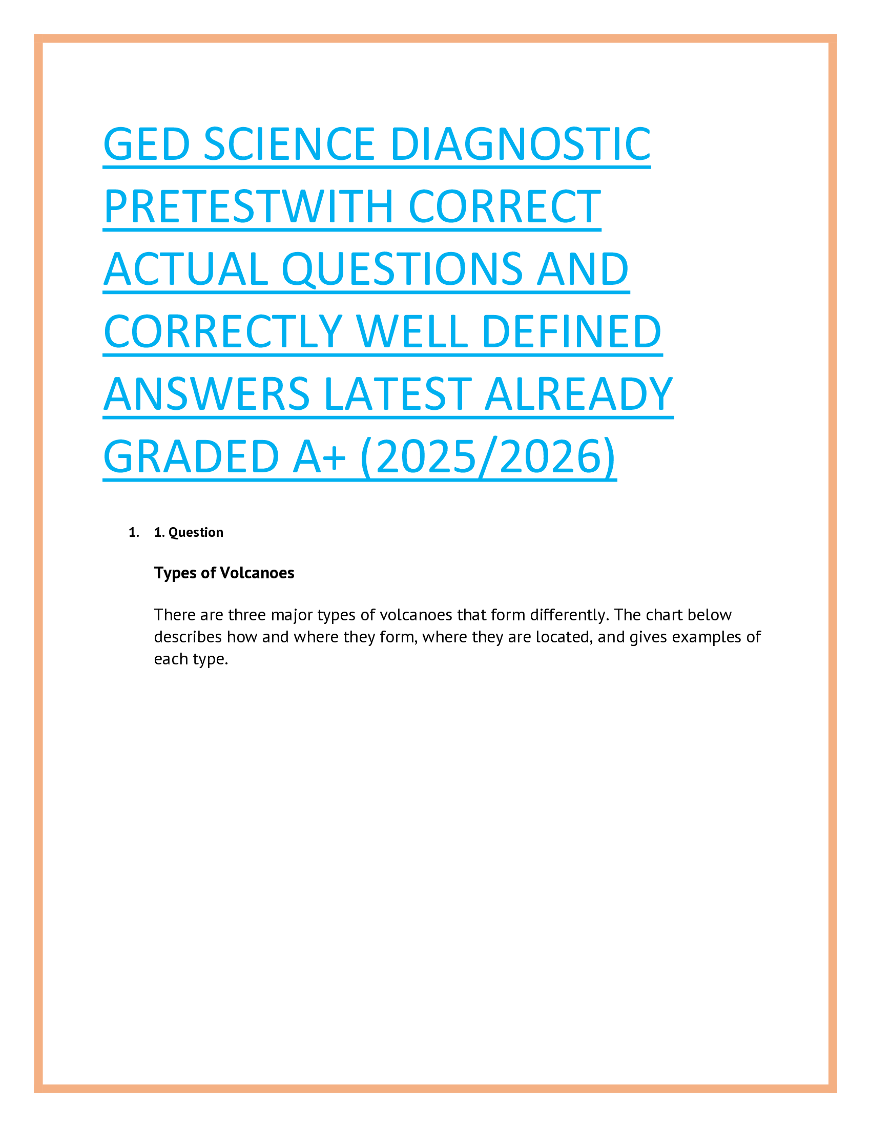 GED Science Diagnostic Pretest With Correct Actual Questions And Correctly Well Defined Answers Latest Already Graded A+ (2025/2026)