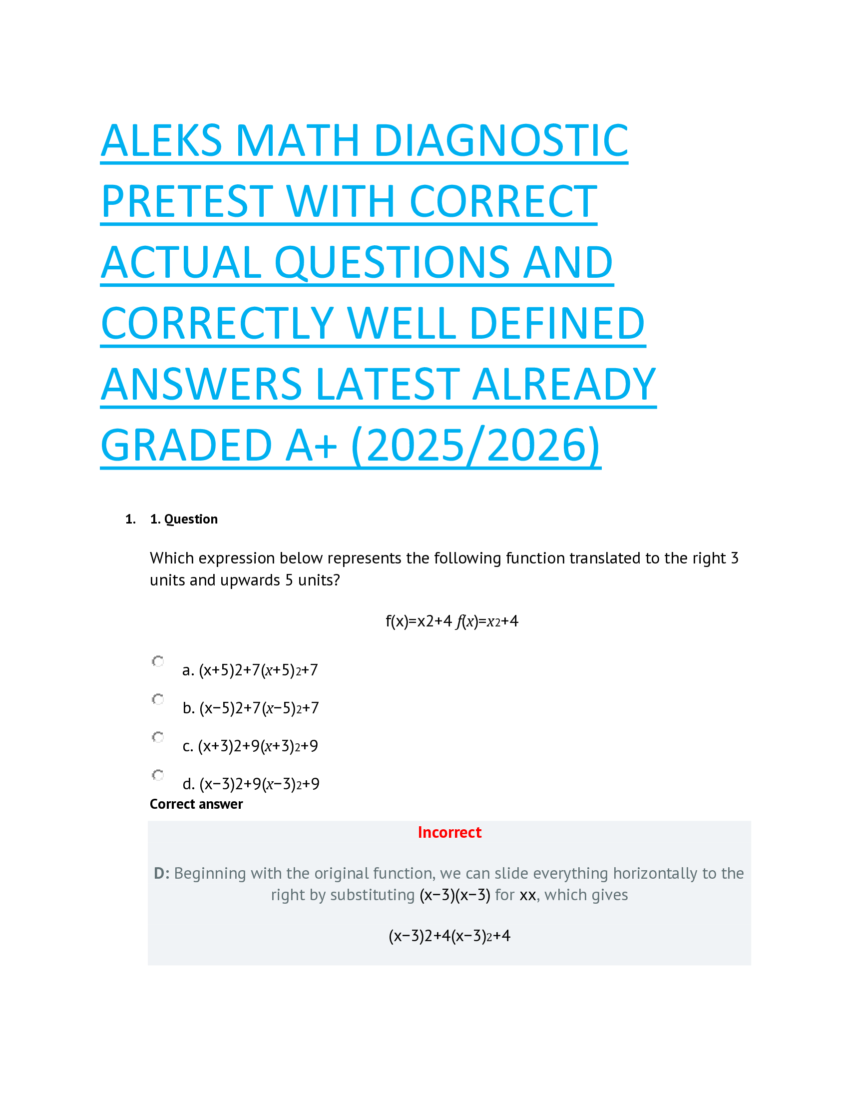 Latest ALEKS Diagnostic Pretest 2025/2026 – Full Question Bank & Correct Solutions