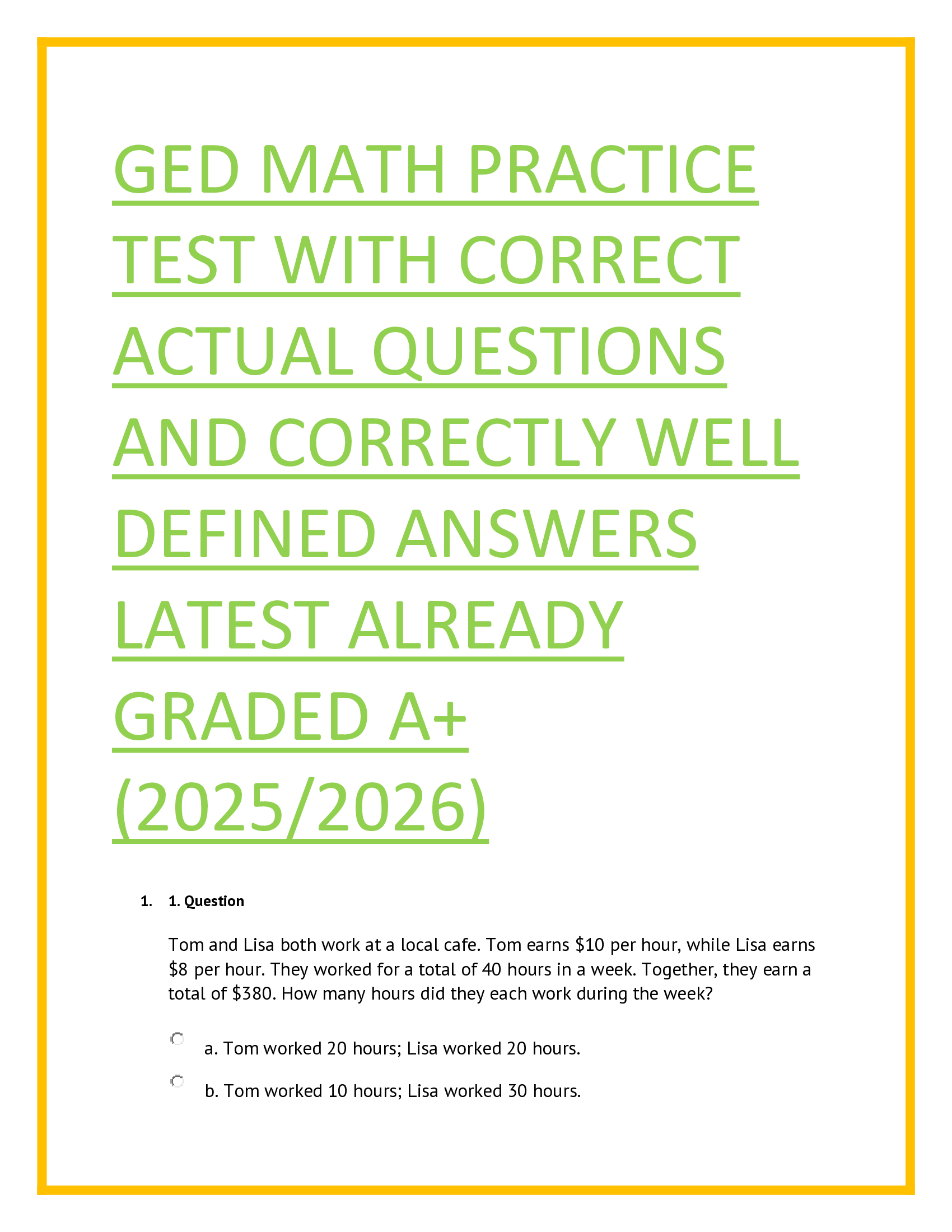 GED Math Practice Test With Correct Actual Questions And Correctly Well Defined Answers Latest Already Graded A+ (2025/2026)