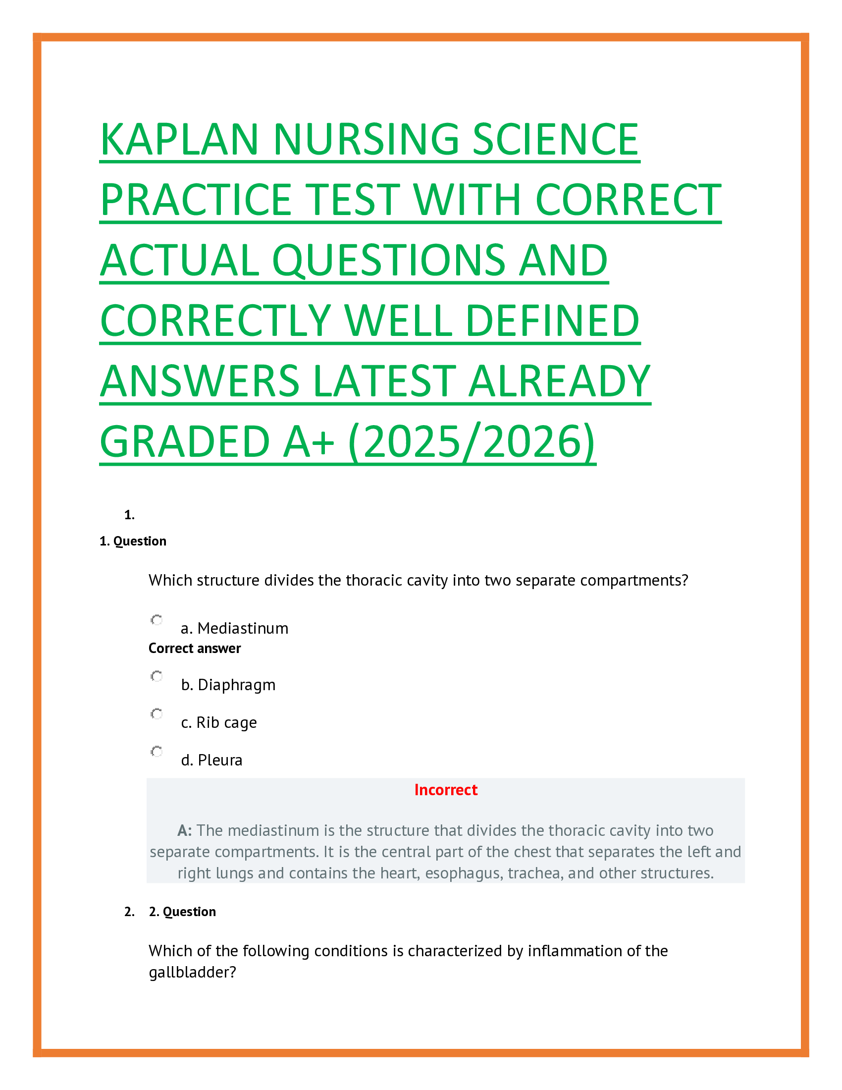 KAPLAN Nursing Science Practice Test With Correct Actual Questions And Correctly Well Defined Answers Latest Already Graded A+ (2025/2026)