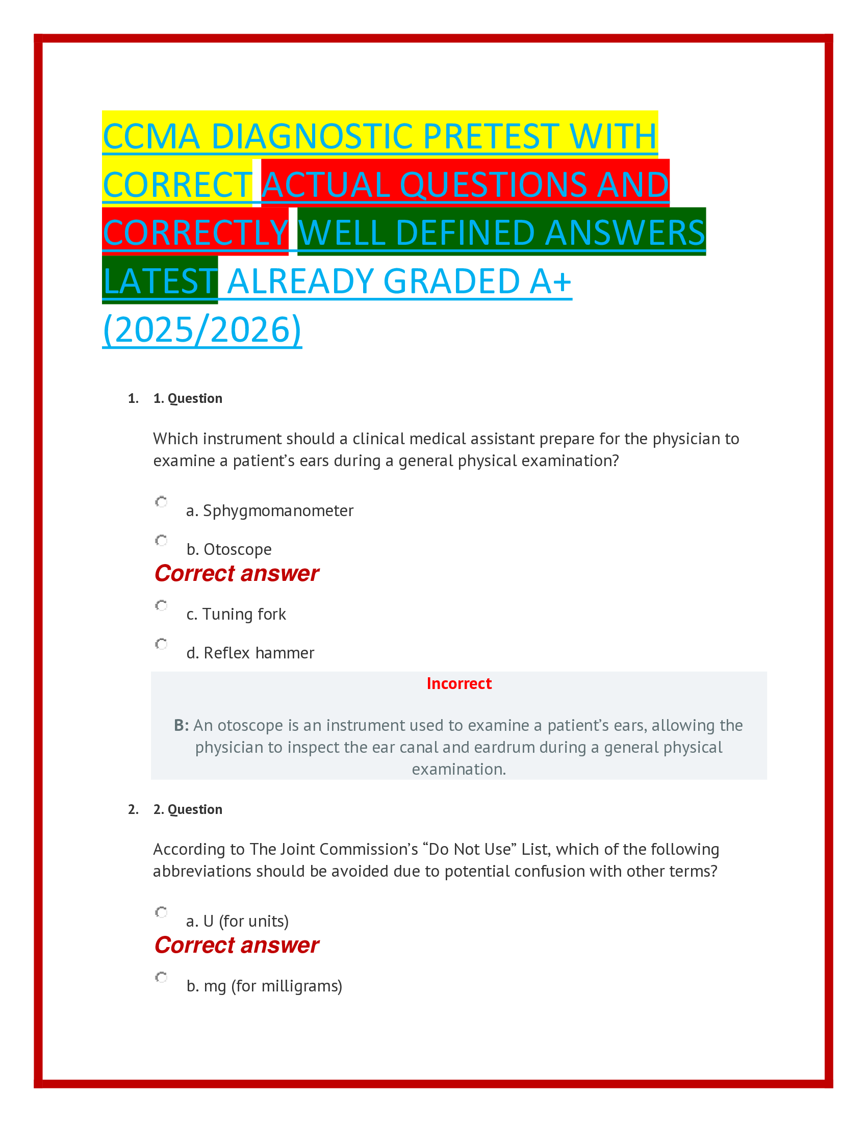 CCMA Diagnostic Pretest With Correct Actual Questions And Correctly Well Defined Answers Latest Already Graded A+ (2025/2026)