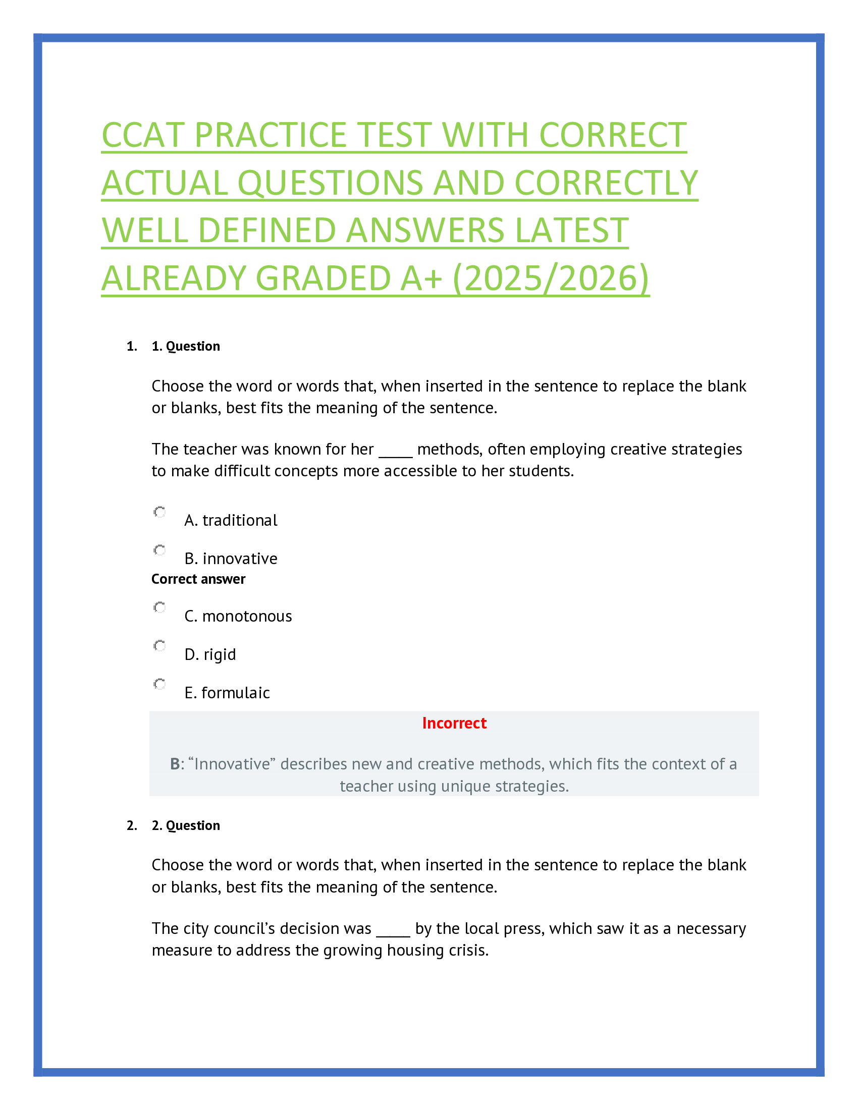CCAT Practice Test With Correct Actual Questions And Correctly Well Defined Answers Latest Already Graded A+ (2025/2026)