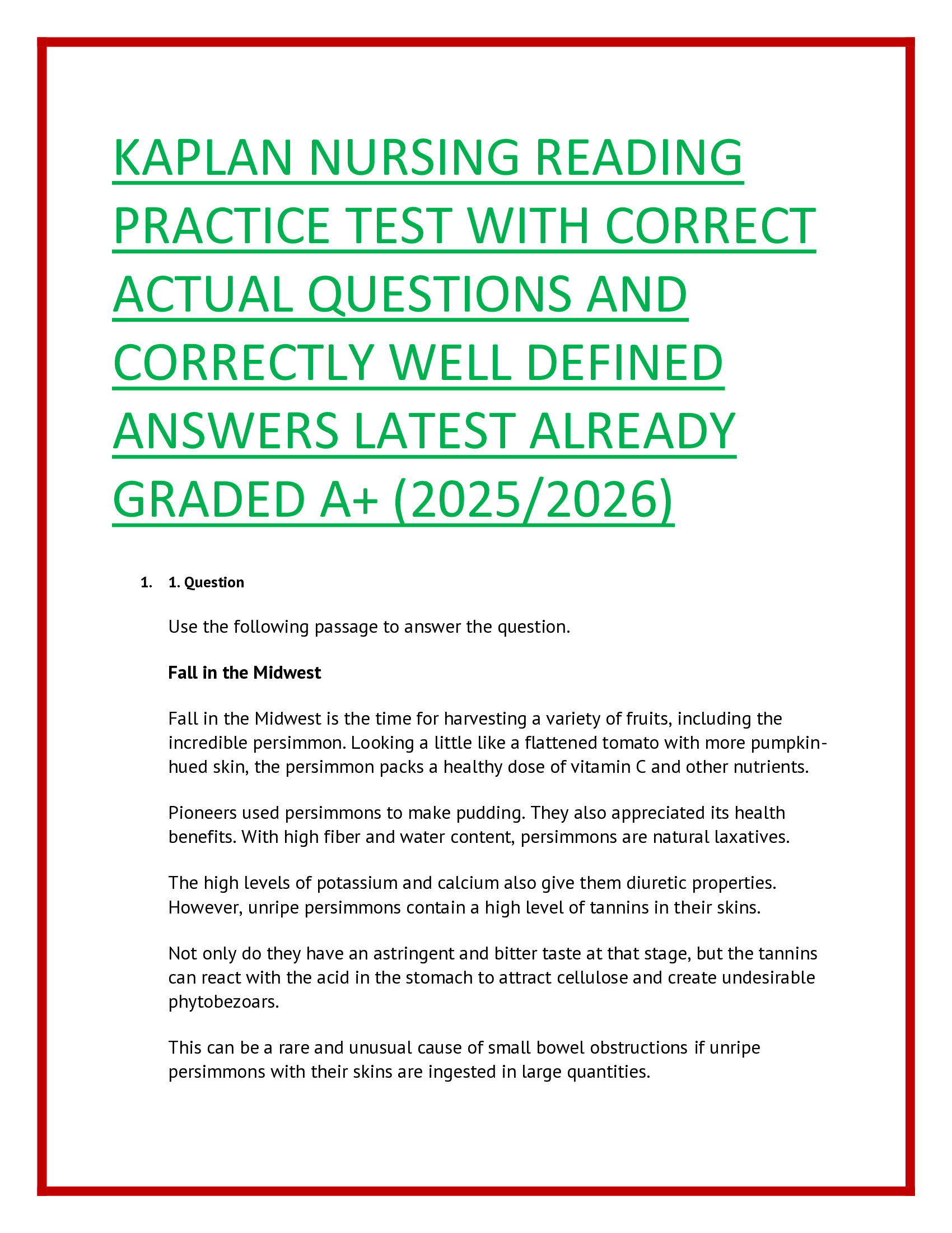 KAPLAN Nursing Reading Practice Test With Correct Actual Questions And Correctly Well Defined Answers Latest Already Graded A+ (2025/2026)