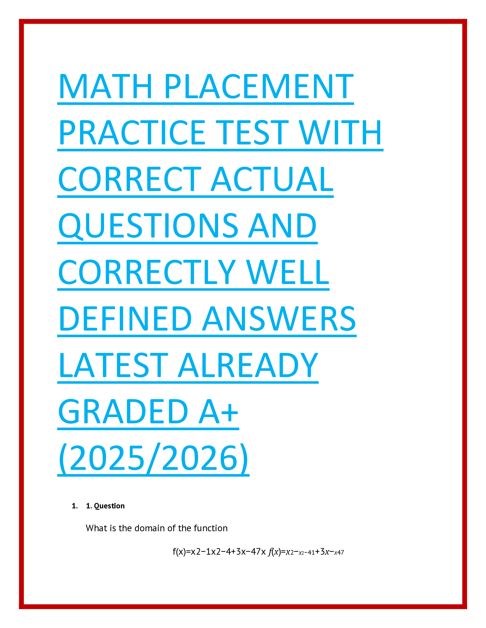 Math Placement Practice Test With Correct Actual Questions And Correctly Well Defined Answers Latest Already Graded A+ (2025/2026)