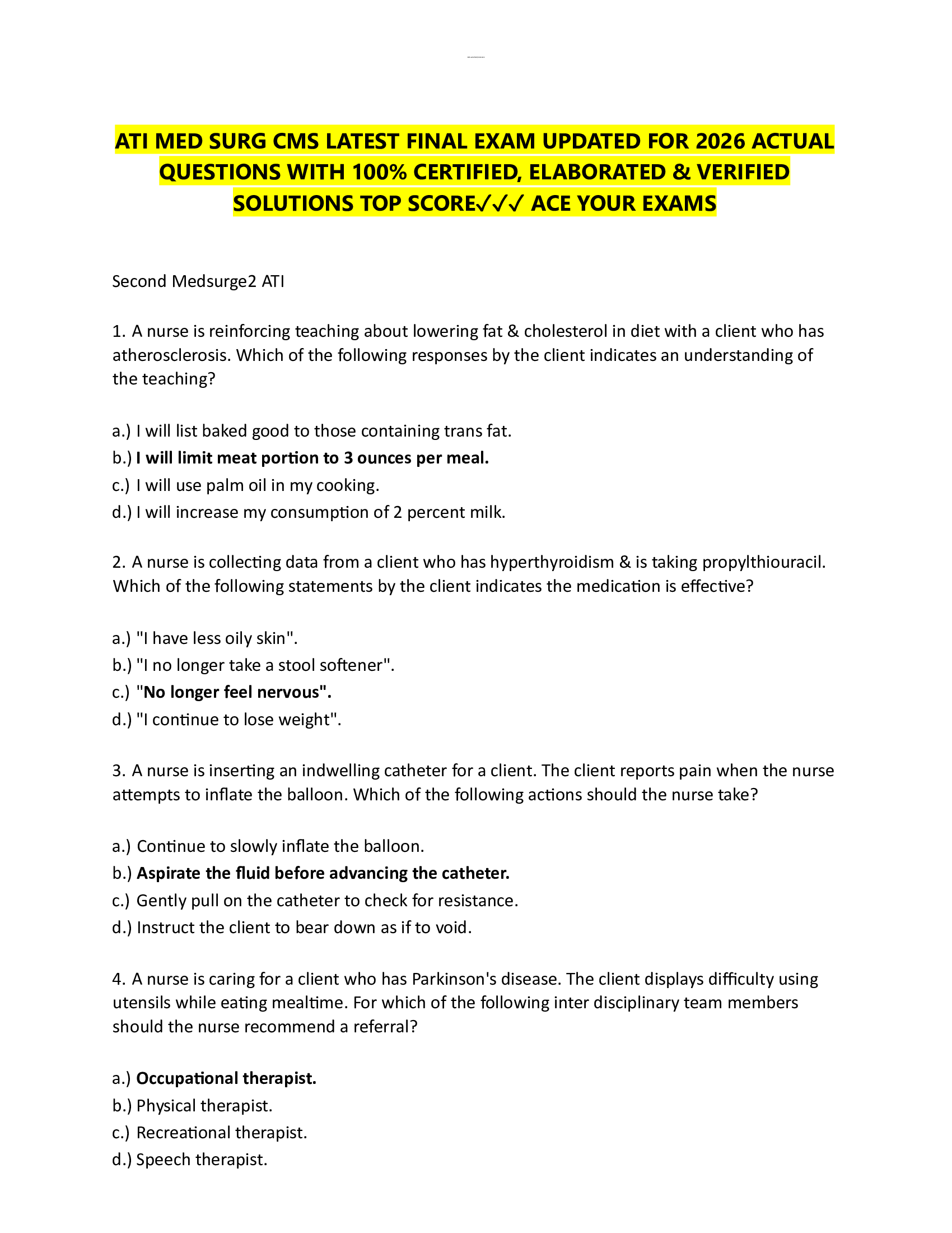 ATI MED SURG CMS LATEST FINAL EXAM UPDATED FOR 2026 ACTUAL  QUESTIONS WITH 100% CERTIFIED, ELABORATED & VERIFIED  SOLUTIONS TOP SCORE✓✓✓ ACE YOUR EXAMS