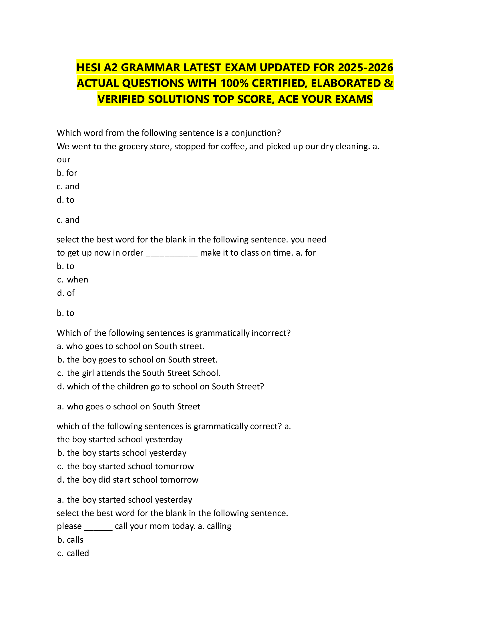 HESI A2 GRAMMAR LATEST EXAM UPDATED FOR 2026-2026  ACTUAL QUESTIONS WITH 100% CERTIFIED, ELABORATED &  VERIFIED SOLUTIONS TOP SCORE, ACE YOUR EXAMS