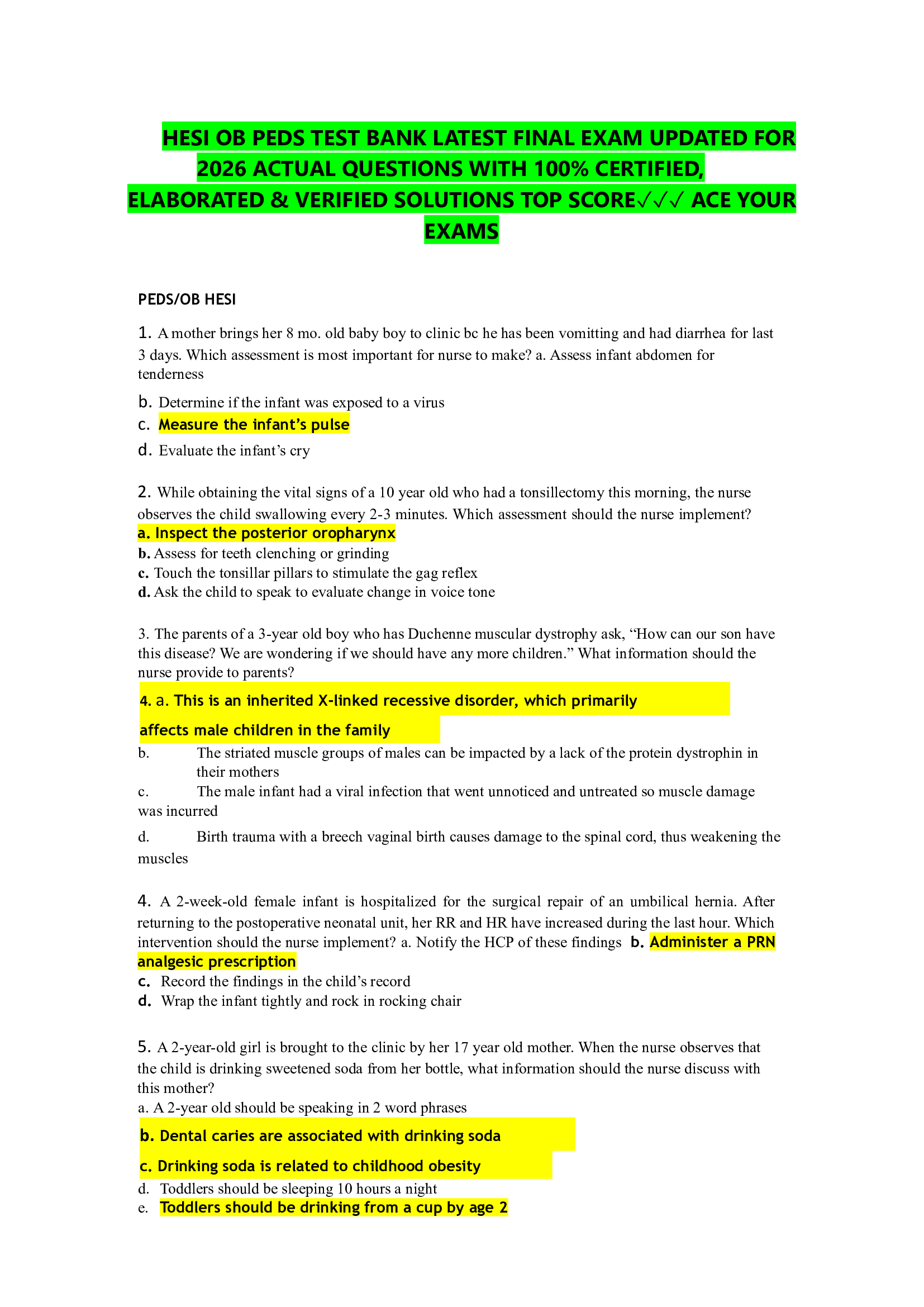 HESI OB PEDS TEST BANK LATEST FINAL EXAM UPDATED FOR   2026 ACTUAL QUESTIONS WITH 100% CERTIFIED,   ELABORATED & VERIFIED SOLUTIONS TOP SCORE✓✓✓ ACE YOUR  EXAMS