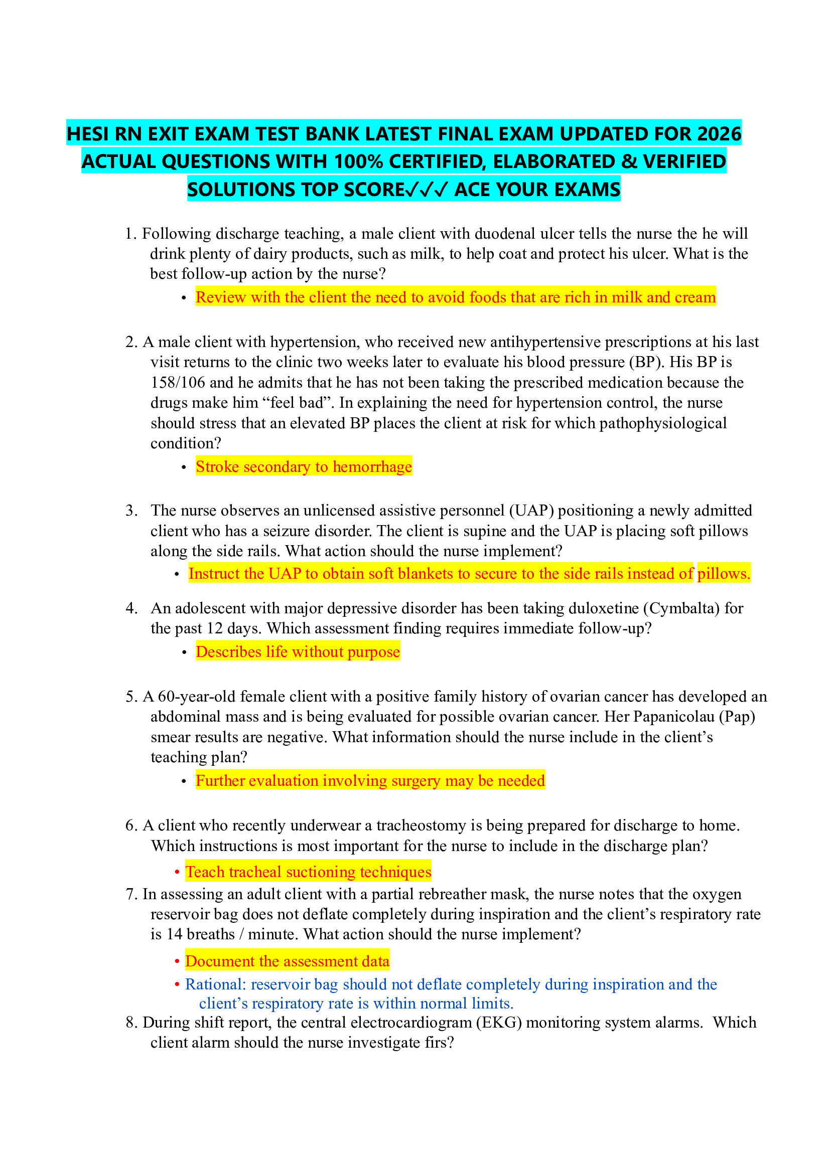 HESI RN EXIT EXAM TEST BANK LATEST FINAL EXAM UPDATED FOR 2026  ACTUAL QUESTIONS WITH 100% CERTIFIED, ELABORATED & VERIFIED  SOLUTIONS TOP SCORE✓✓✓ ACE YOUR EXAMS