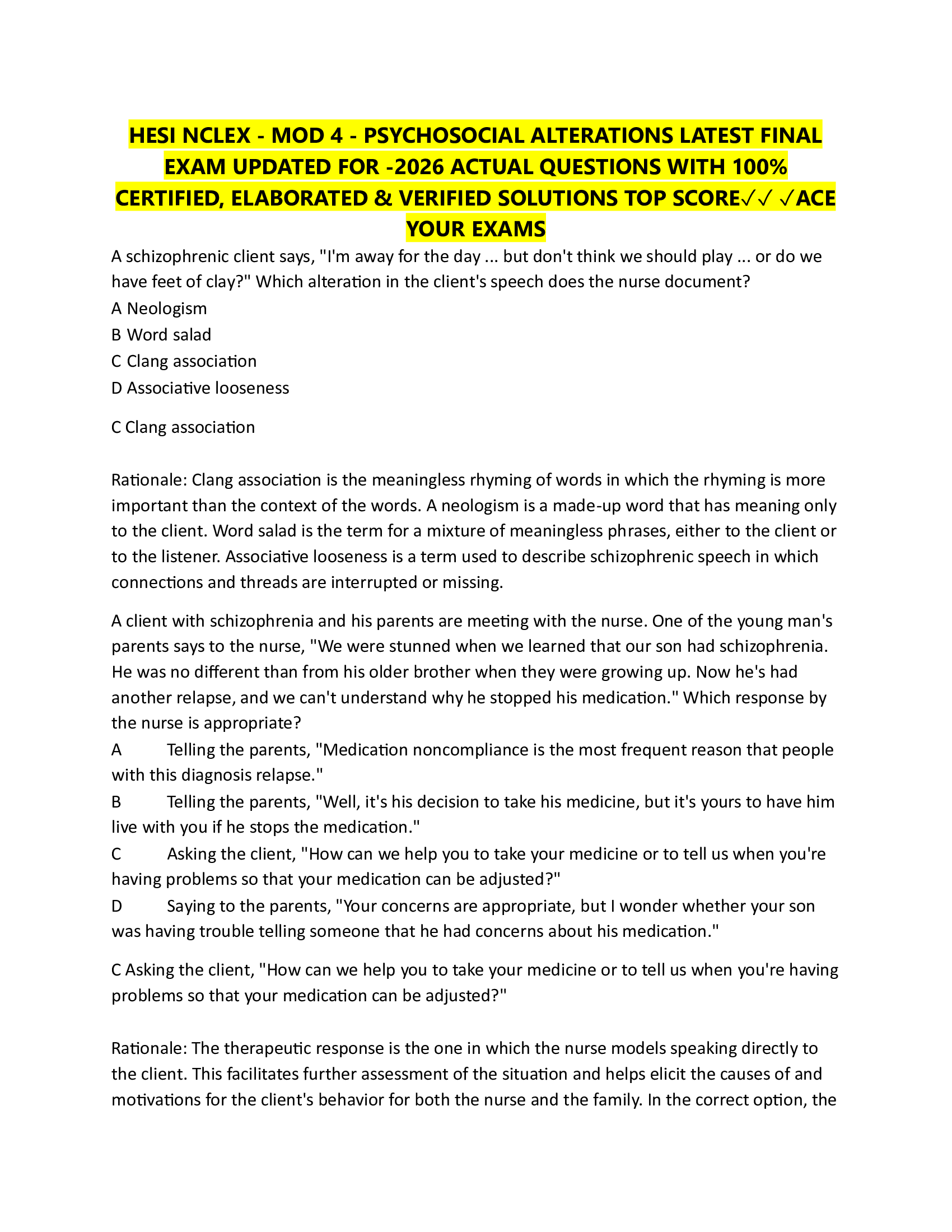HESI NCLEX - MOD 4 - PSYCHOSOCIAL ALTERATIONS LATEST FINAL   EXAM UPDATED FOR -2026 ACTUAL QUESTIONS WITH 100%   CERTIFIED, ELABORATED & VERIFIED SOLUTIONS TOP SCORE✓✓ ✓ACE  YOUR EXAMS